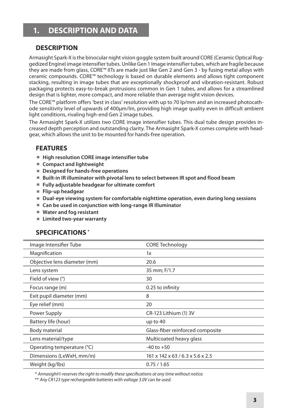 Armasight NSGSPARKX1CCIC1 SPARK-X Night Vision Goggles User Manual | Page 3 / 12