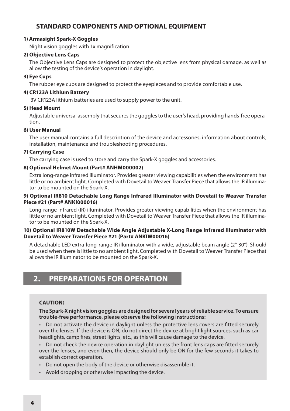 Preparations for operation, Standard components and optional equipment | Armasight NSGSPARKX1CCIC1 SPARK-X Night Vision Goggles User Manual | Page 4 / 12