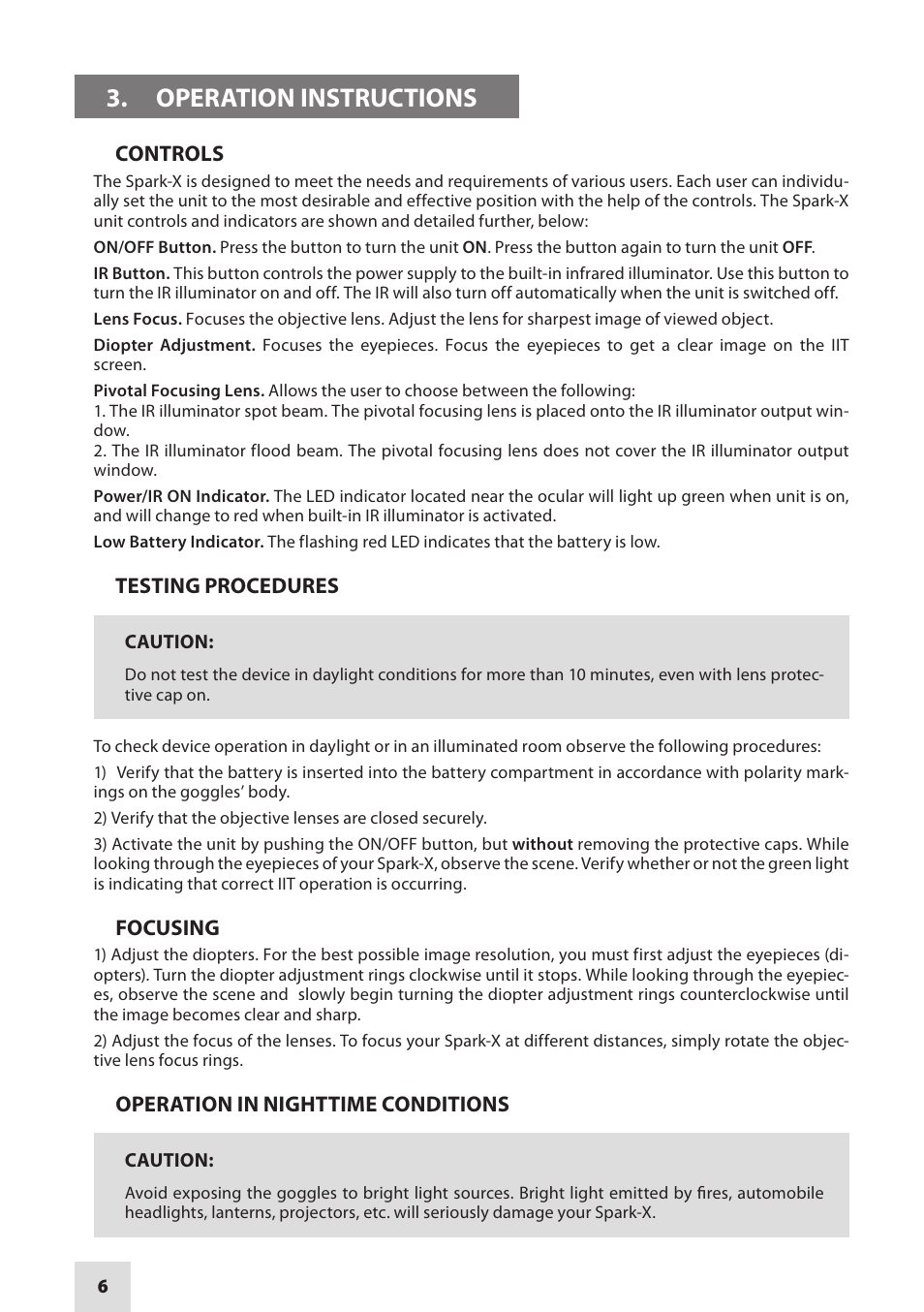 Operation instructions | Armasight NSGSPARKX1CCIC1 SPARK-X Night Vision Goggles User Manual | Page 6 / 12