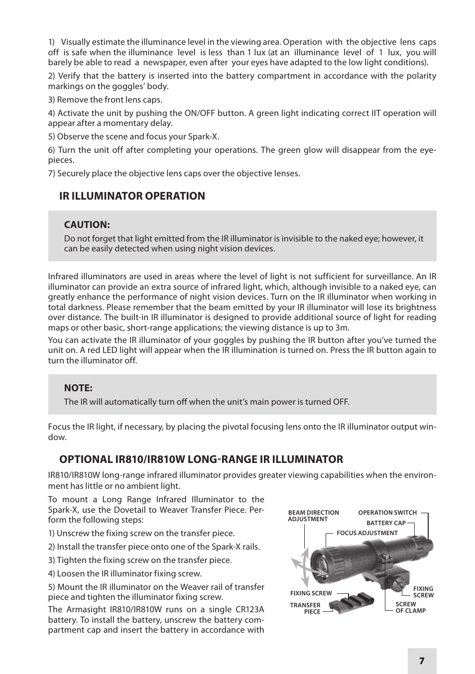 Ir illuminator operation | Armasight NSGSPARKX1CCIC1 SPARK-X Night Vision Goggles User Manual | Page 7 / 12