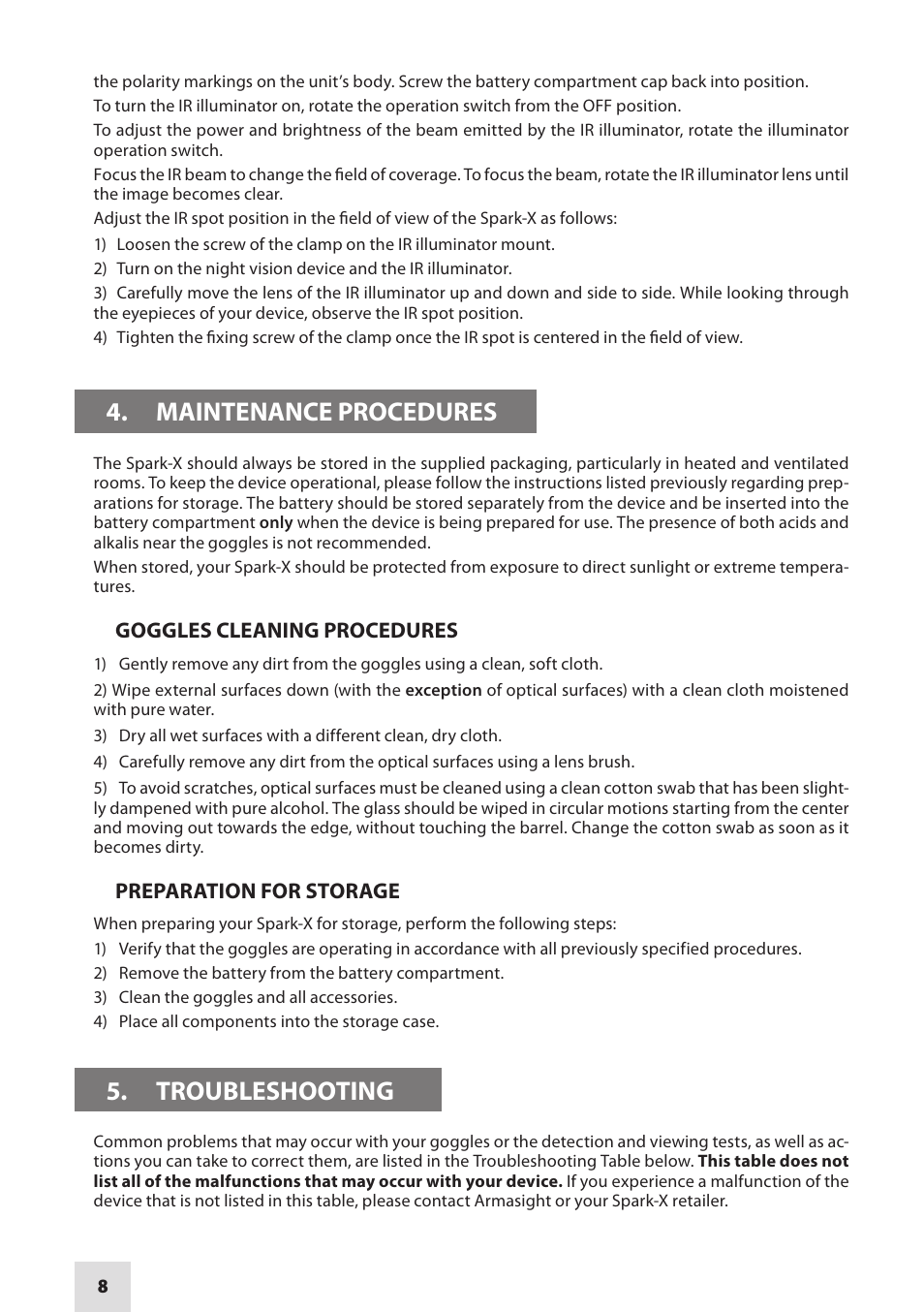 Maintenance procedures, Troubleshooting | Armasight NSGSPARKX1CCIC1 SPARK-X Night Vision Goggles User Manual | Page 8 / 12
