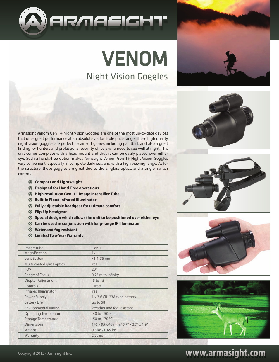 Armasight NSGVENOM0111I1 VENOM GEN1+ Night Vision Goggles User Manual | 1 page