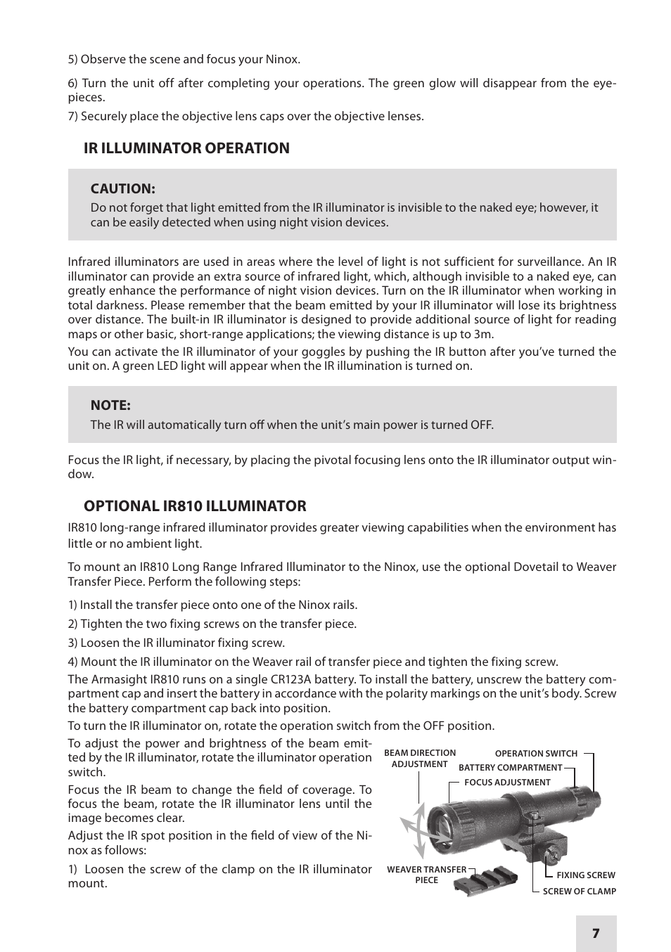Ir illuminator operation, Optional ir810 illuminator | Armasight NKGNINOX0111I11 NINOX GEN 1+ Night Vision Goggles User Manual | Page 7 / 12
