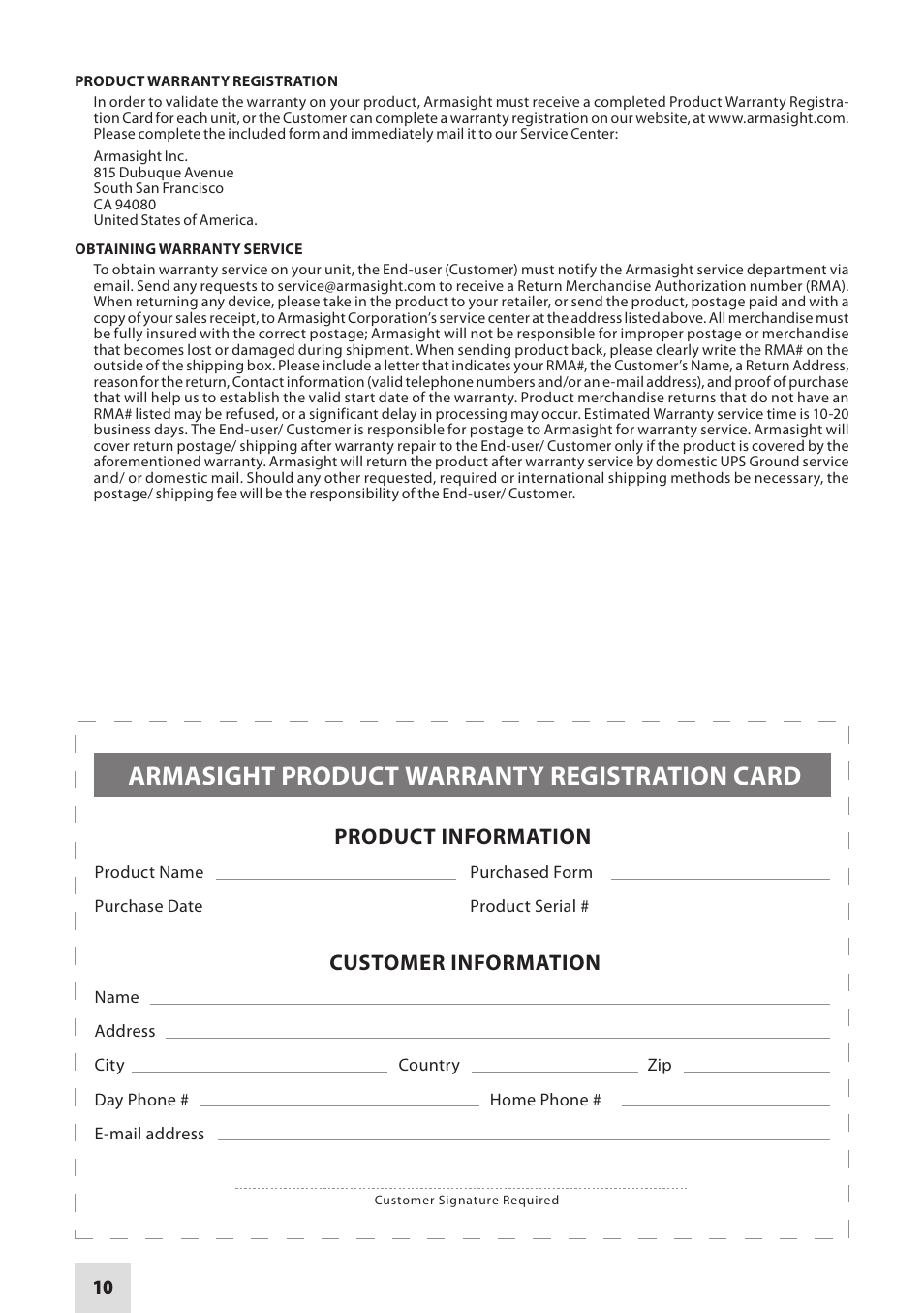 Armasight product warranty registration card, Product information customer information | Armasight NKGVEGA00111I11 VEGA GEN1+ Night Vision Goggle User Manual | Page 10 / 12