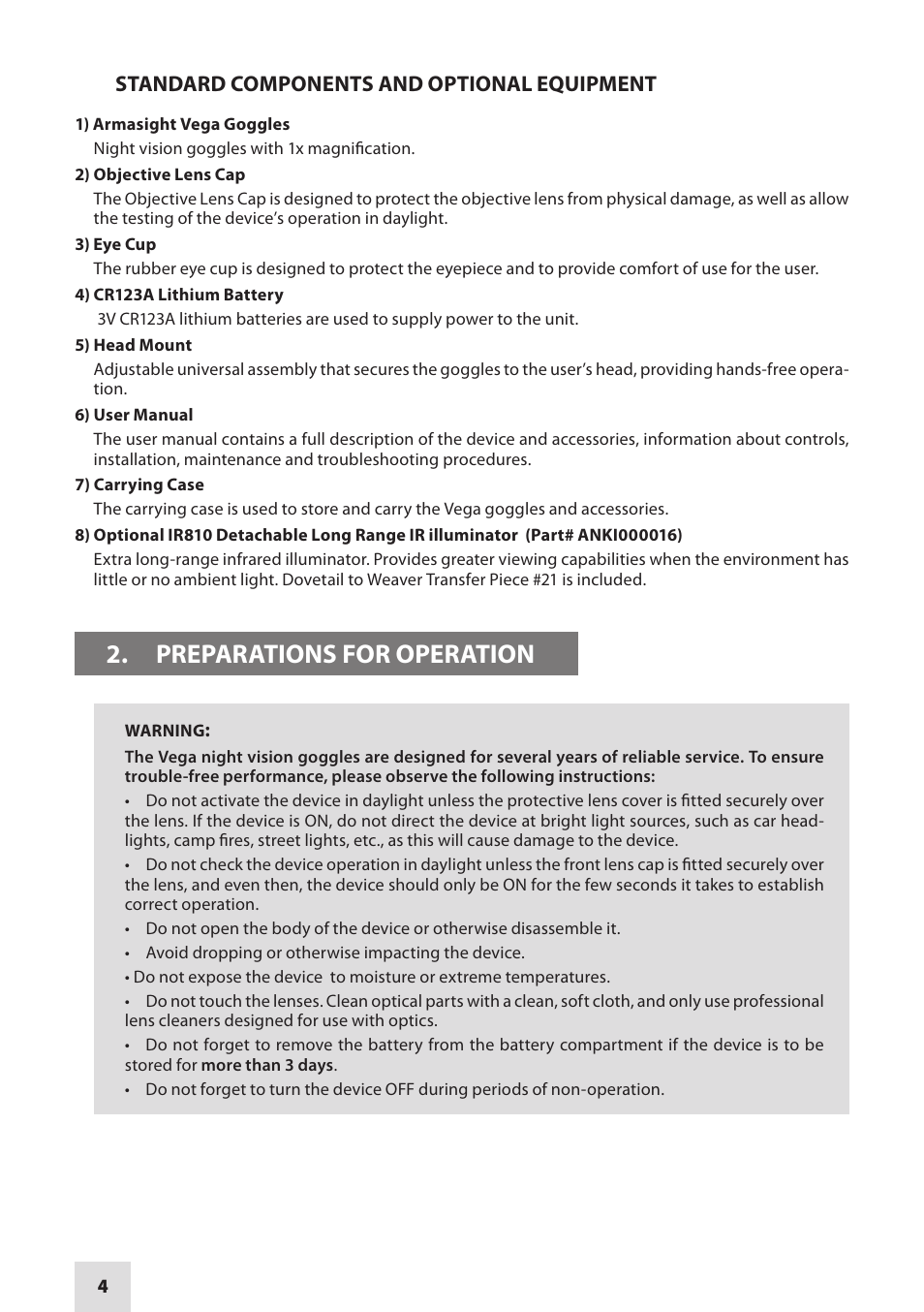 Preparations for operation, Standard components and optional equipment | Armasight NKGVEGA00111I11 VEGA GEN1+ Night Vision Goggle User Manual | Page 4 / 12