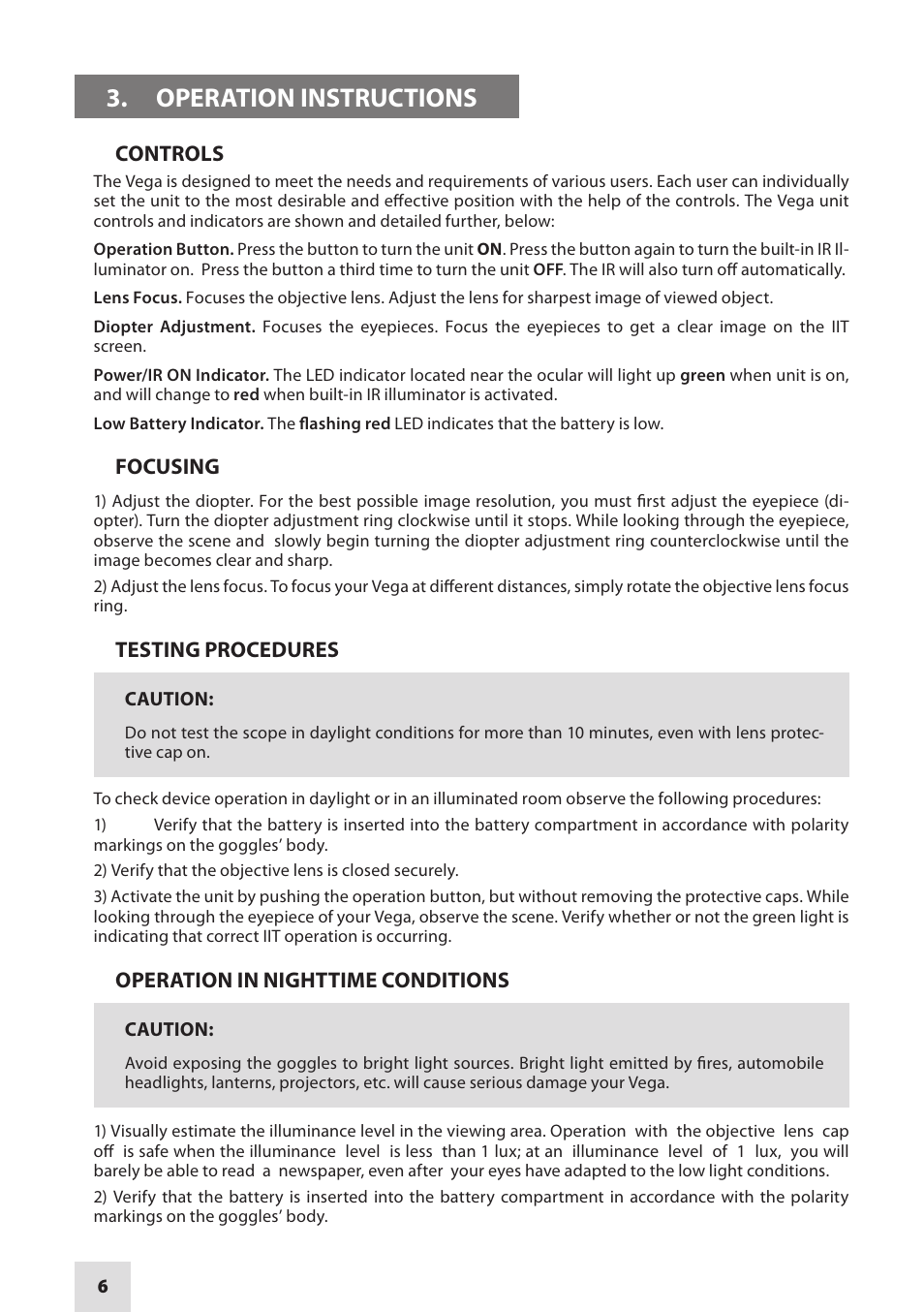 Operation instructions | Armasight NKGVEGA00111I11 VEGA GEN1+ Night Vision Goggle User Manual | Page 6 / 12