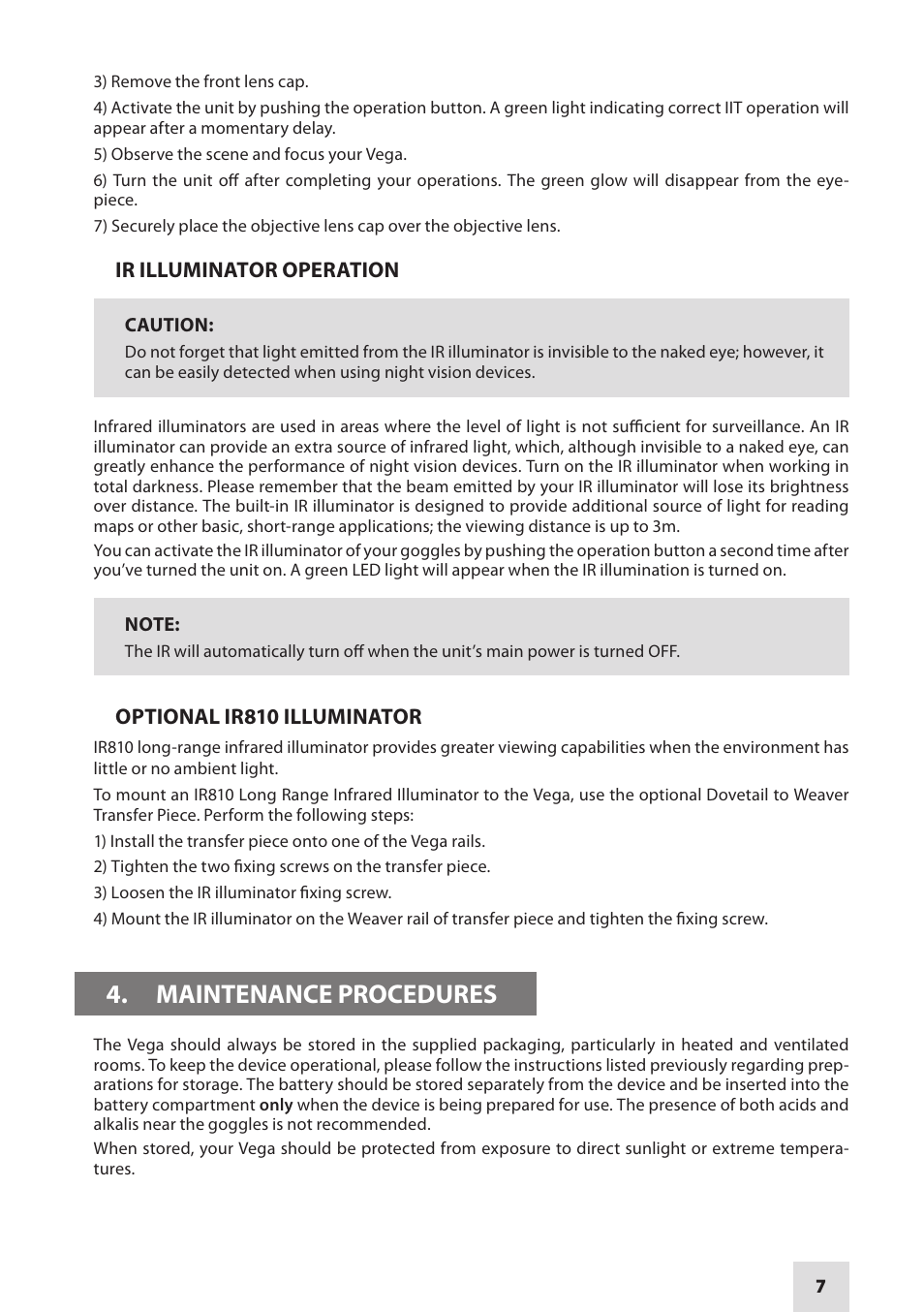 Maintenance procedures | Armasight NKGVEGA00111I11 VEGA GEN1+ Night Vision Goggle User Manual | Page 7 / 12