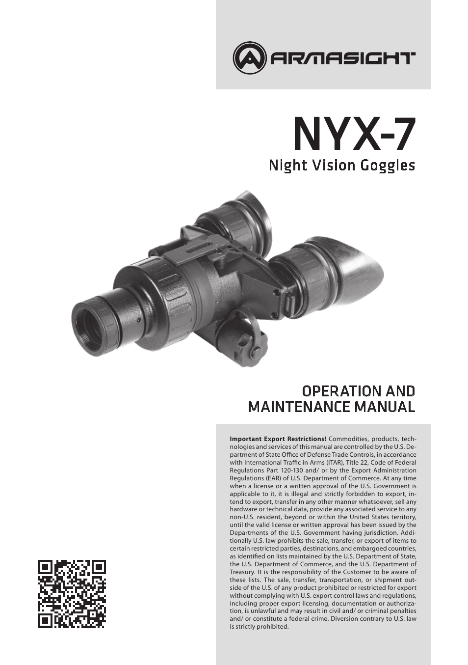 Armasight NSGNYX7001GGDA1 Nyx7 GEN 3+ Ghost Night Vision Goggles User Manual | 36 pages