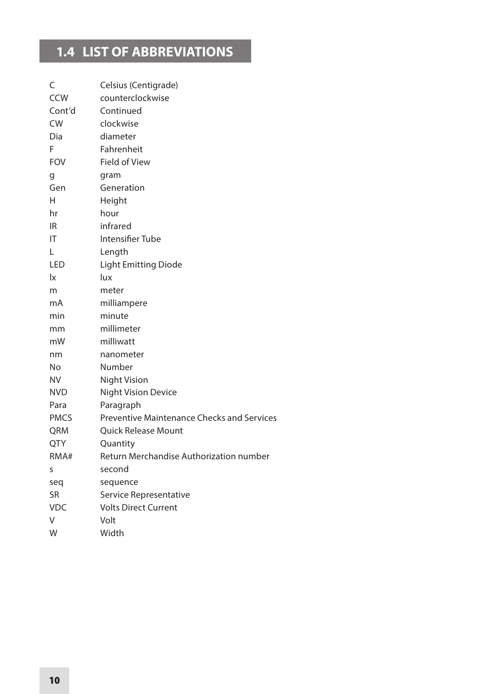 4 list of abbreviations | Armasight NAMPVS7001G7DA2 PVS7 GEN 3 Ghost MG TAN Night vision goggles User Manual | Page 10 / 44