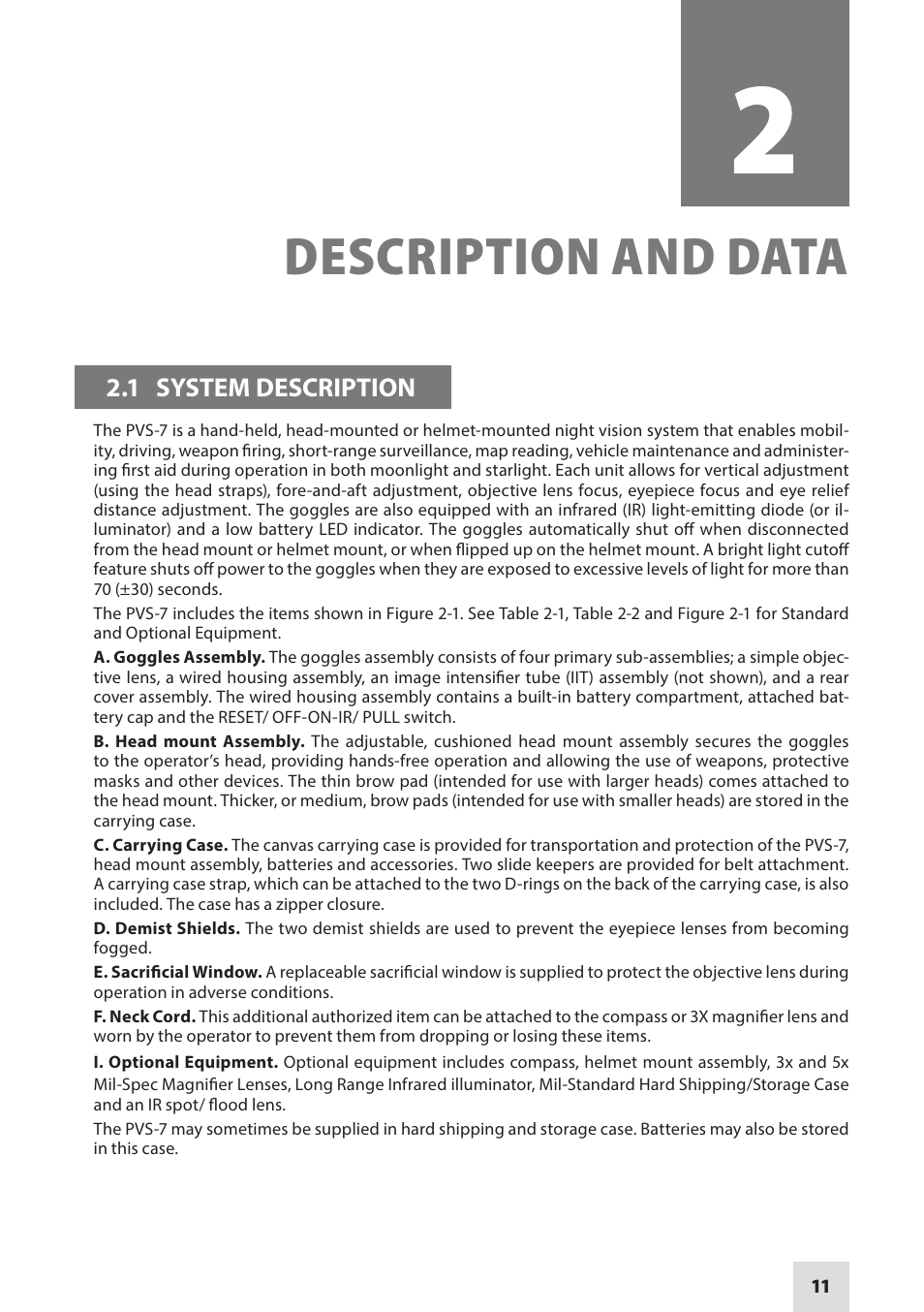Description and data | Armasight NAMPVS7001G7DA2 PVS7 GEN 3 Ghost MG TAN Night vision goggles User Manual | Page 11 / 44