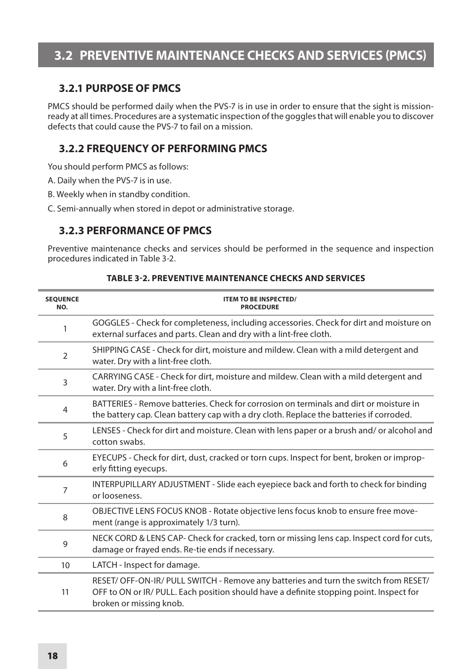 1 purpose of pmcs, 2 frequency of performing pmcs, 3 performance of pmcs | Armasight NAMPVS7001G7DA2 PVS7 GEN 3 Ghost MG TAN Night vision goggles User Manual | Page 18 / 44