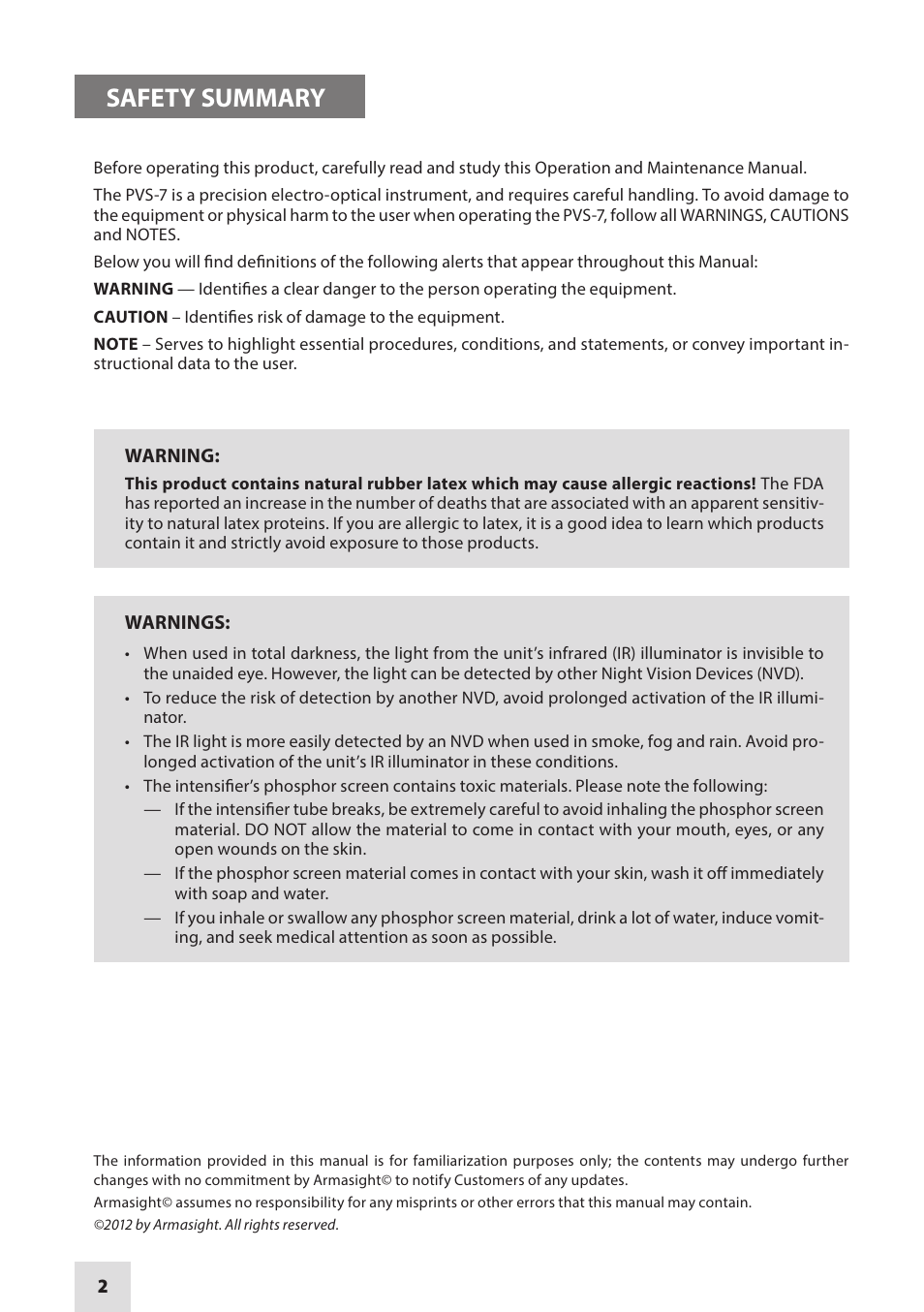 Safety summary | Armasight NAMPVS7001G7DA2 PVS7 GEN 3 Ghost MG TAN Night vision goggles User Manual | Page 2 / 44
