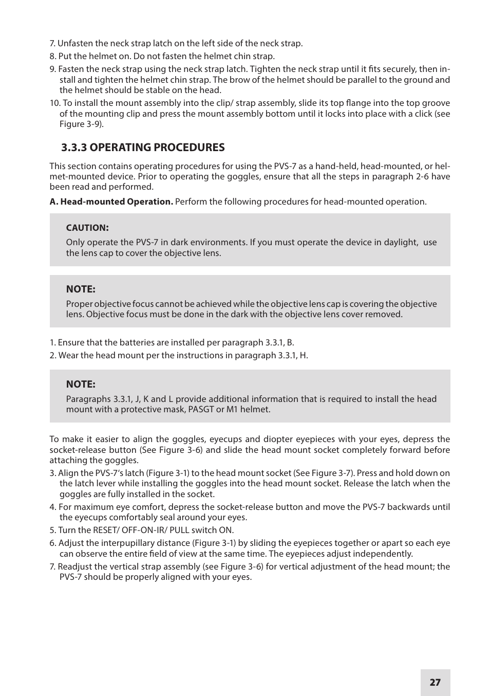 3 operating procedures | Armasight NAMPVS7001G7DA2 PVS7 GEN 3 Ghost MG TAN Night vision goggles User Manual | Page 27 / 44