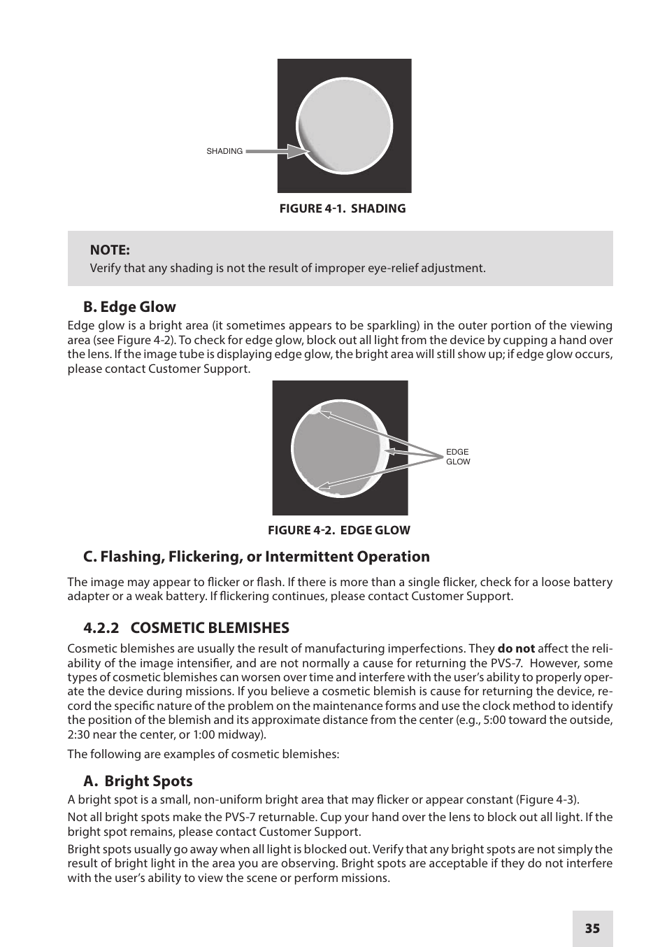 B. edge glow, C. flashing, flickering, or intermittent operation, 2 cosmetic blemishes | A. bright spots | Armasight NAMPVS7001G7DA2 PVS7 GEN 3 Ghost MG TAN Night vision goggles User Manual | Page 35 / 44