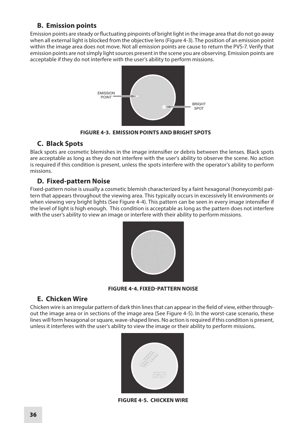 B. emission points, C. black spots, D. fixed-pattern noise | E. chicken wire | Armasight NAMPVS7001G7DA2 PVS7 GEN 3 Ghost MG TAN Night vision goggles User Manual | Page 36 / 44