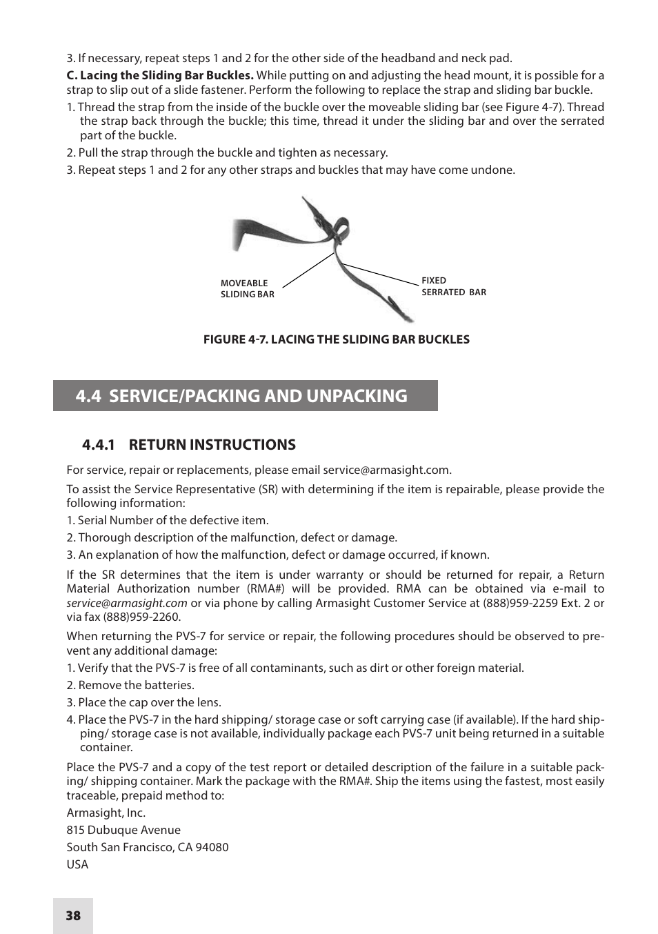 4 service/packing and unpacking, 1 return instructions | Armasight NAMPVS7001G7DA2 PVS7 GEN 3 Ghost MG TAN Night vision goggles User Manual | Page 38 / 44