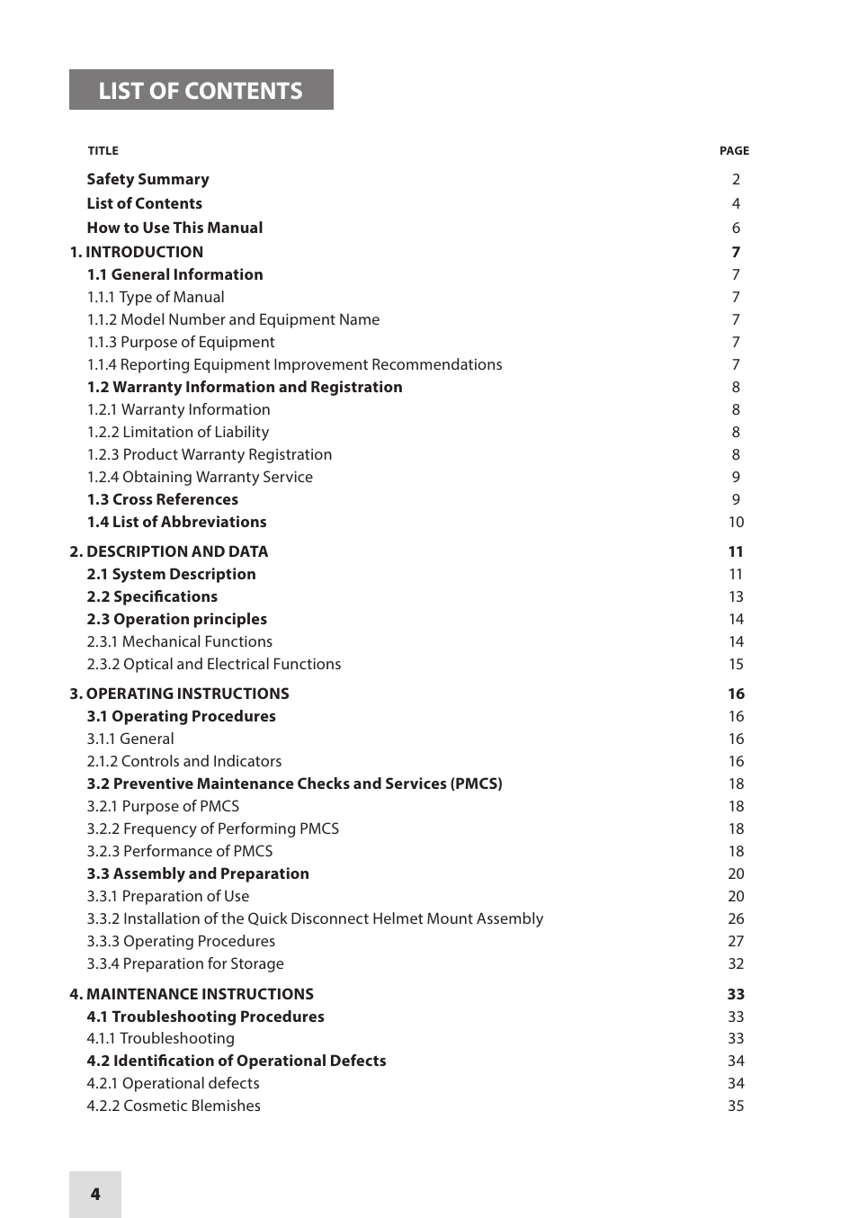 List of contents | Armasight NAMPVS7001G7DA2 PVS7 GEN 3 Ghost MG TAN Night vision goggles User Manual | Page 4 / 44
