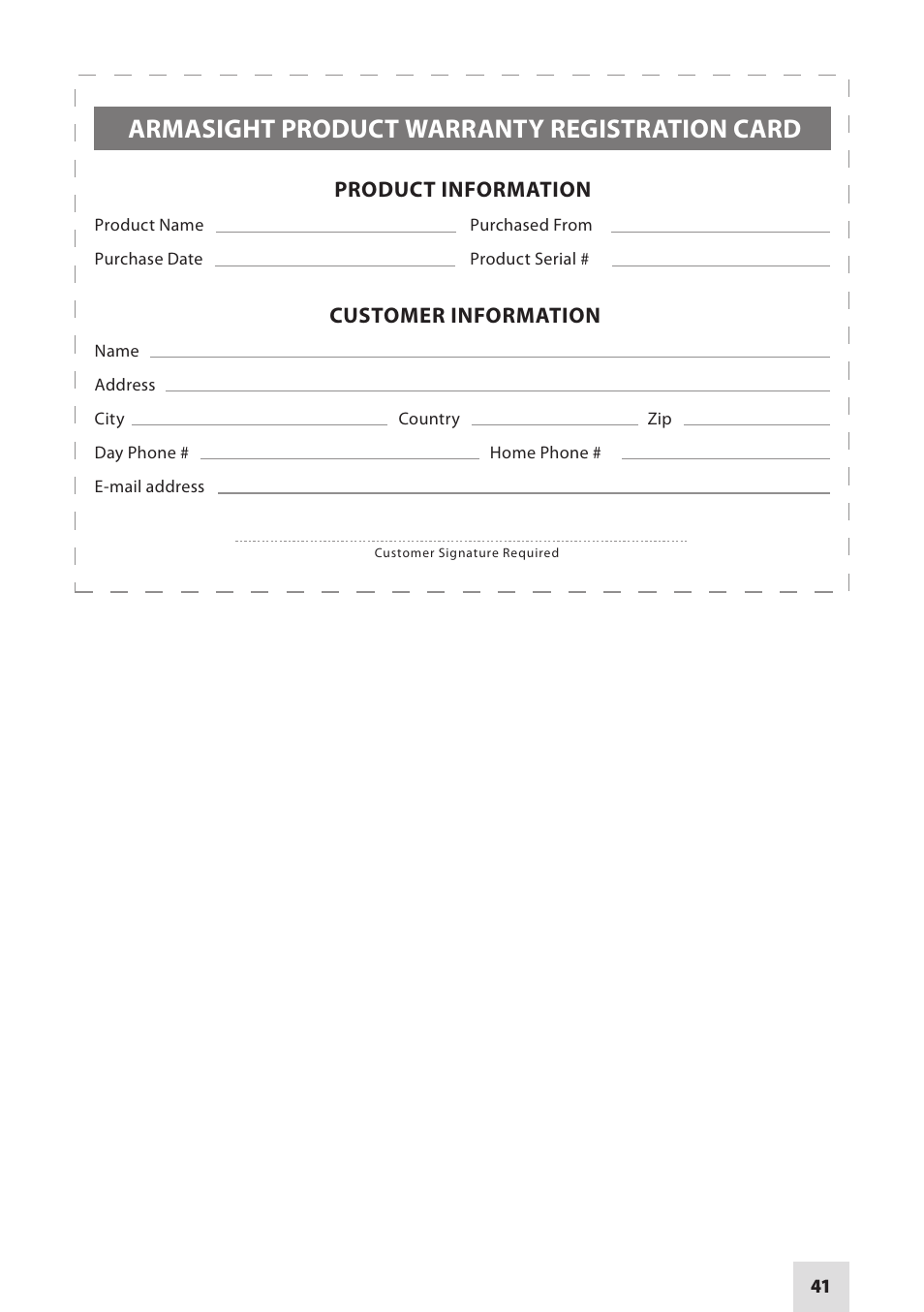 Armasight product warranty registration card | Armasight NAMPVS7001G7DA2 PVS7 GEN 3 Ghost MG TAN Night vision goggles User Manual | Page 41 / 44