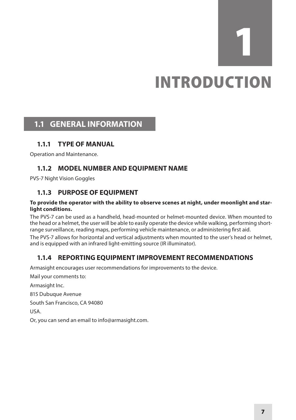 Introduction | Armasight NAMPVS7001G7DA2 PVS7 GEN 3 Ghost MG TAN Night vision goggles User Manual | Page 7 / 44