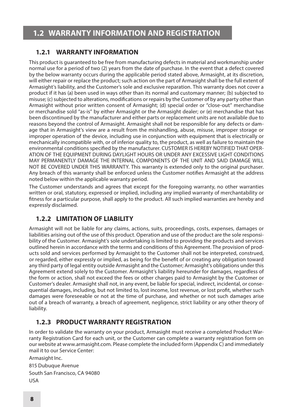 2 warranty information and registration, 1 warranty information, 2 limitation of liability | 3 product warranty registration | Armasight NAMPVS7001G7DA2 PVS7 GEN 3 Ghost MG TAN Night vision goggles User Manual | Page 8 / 44