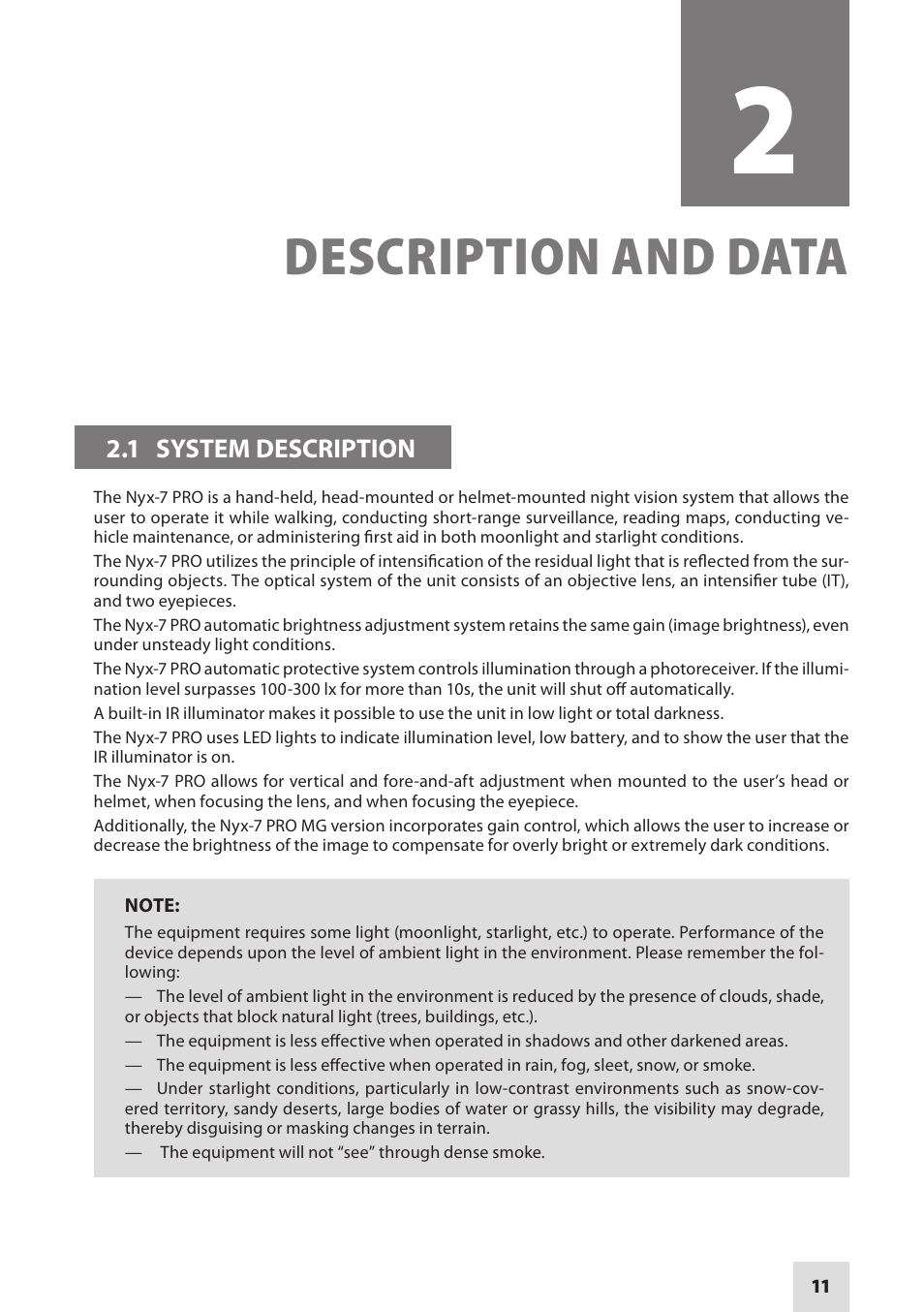 Description and data | Armasight NSGNYX7P01P3DA1 Nyx7 PRO GEN 3P Night Vision Goggles User Manual | Page 11 / 36