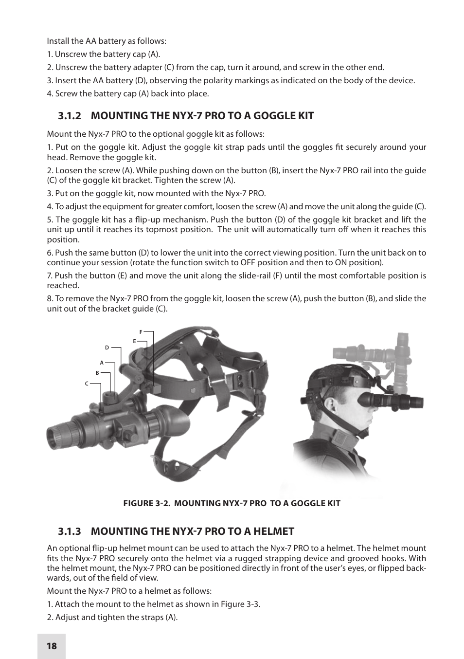 2 mounting the nyx-7 pro to a goggle kit, 3 mounting the nyx-7 pro to a helmet | Armasight NSGNYX7P01P3DA1 Nyx7 PRO GEN 3P Night Vision Goggles User Manual | Page 18 / 36