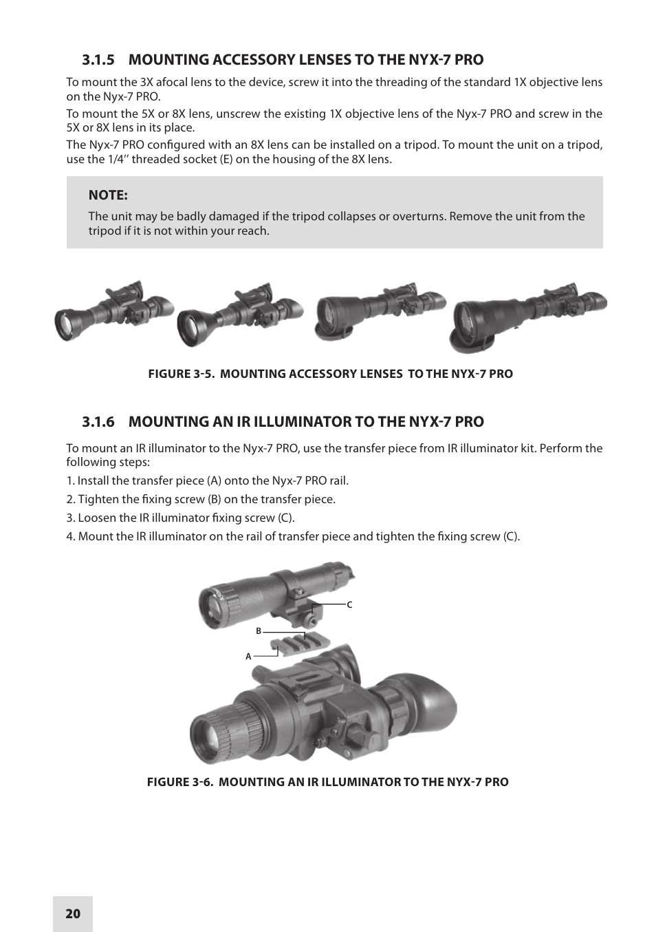 5 mounting accessory lenses to the nyx-7 pro, 6 mounting an ir illuminator to the nyx-7 pro | Armasight NSGNYX7P01P3DA1 Nyx7 PRO GEN 3P Night Vision Goggles User Manual | Page 20 / 36