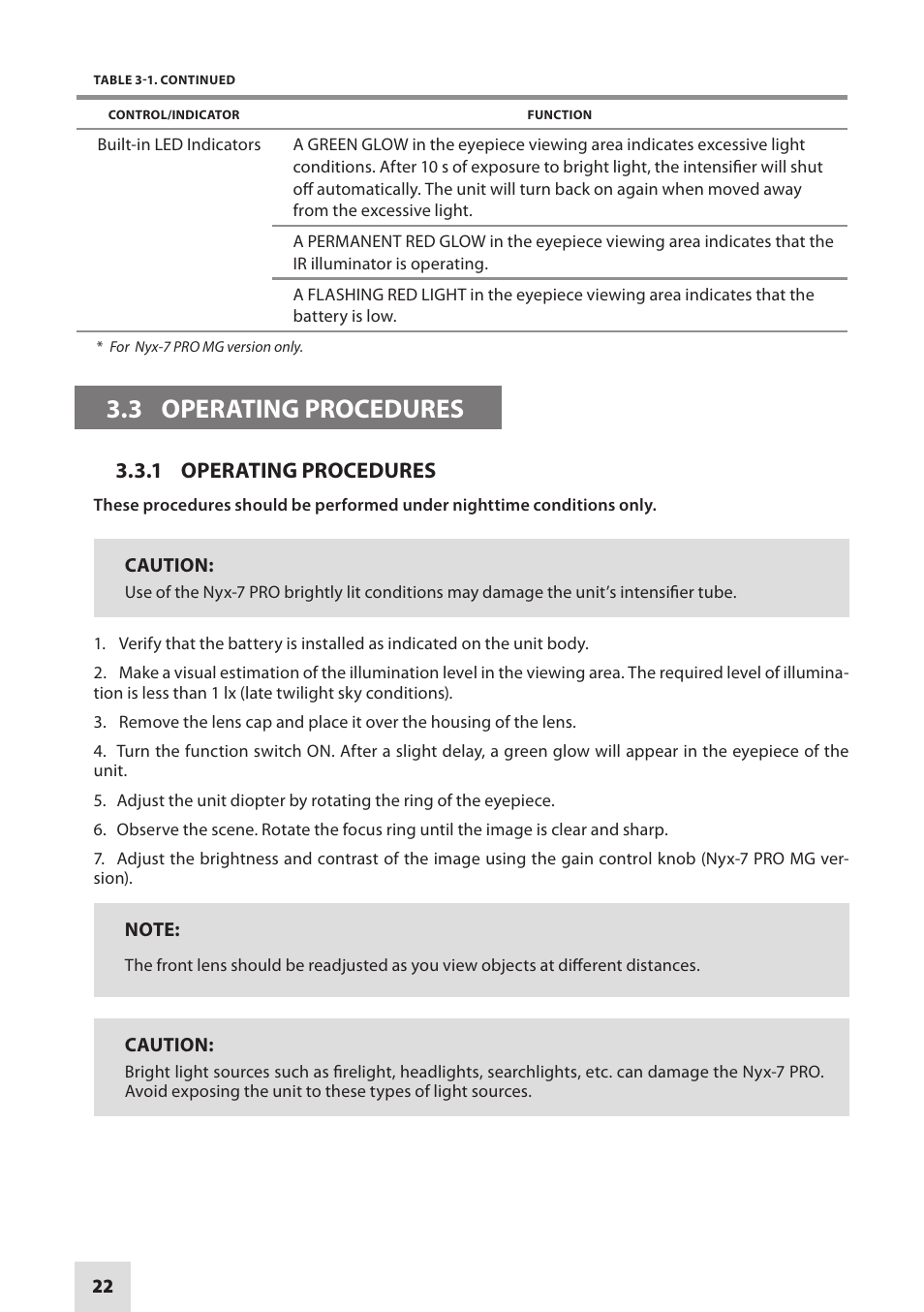 3 operating procedures, 1 operating procedures | Armasight NSGNYX7P01P3DA1 Nyx7 PRO GEN 3P Night Vision Goggles User Manual | Page 22 / 36