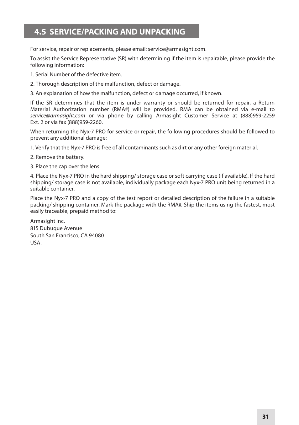 5 service/packing and unpacking | Armasight NSGNYX7P01P3DA1 Nyx7 PRO GEN 3P Night Vision Goggles User Manual | Page 31 / 36