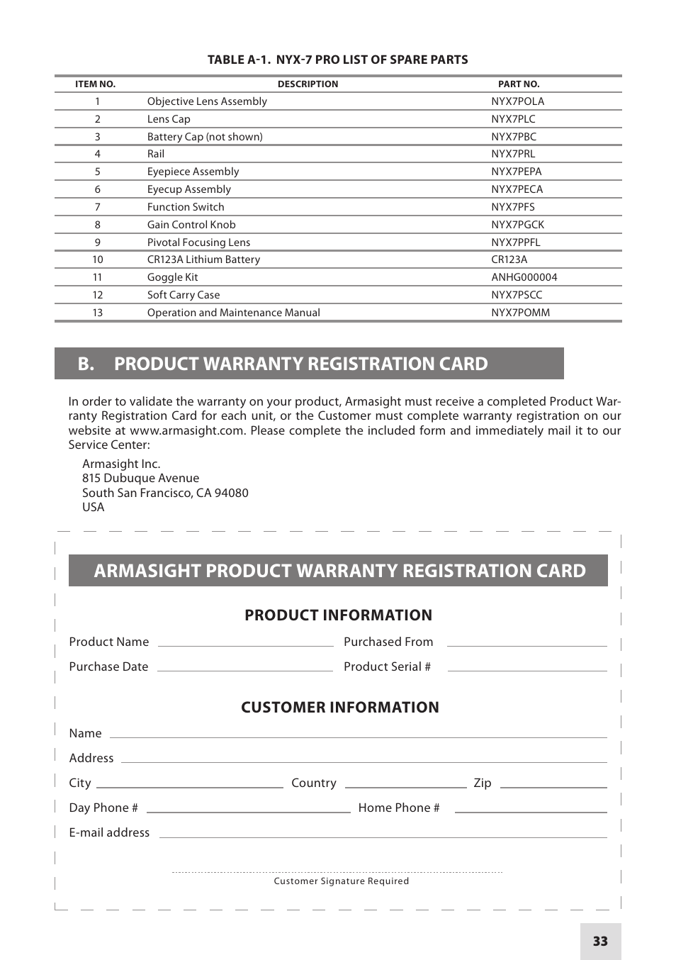 B. product warranty registration card, Armasight product warranty registration card, Product information customer information | Armasight NSGNYX7P01P3DA1 Nyx7 PRO GEN 3P Night Vision Goggles User Manual | Page 33 / 36