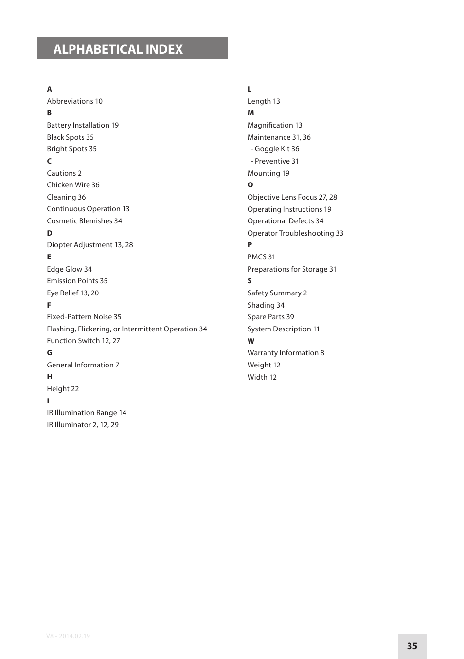 Alphabetical index | Armasight NSGNYX7P01P3DA1 Nyx7 PRO GEN 3P Night Vision Goggles User Manual | Page 35 / 36