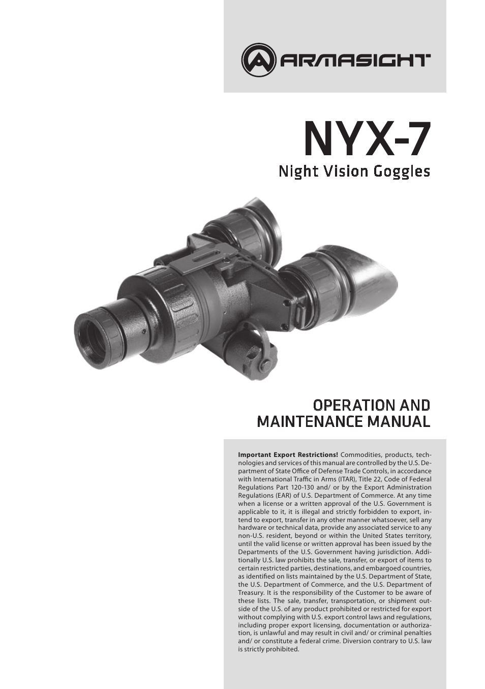 Armasight NSGNYX7001QGDI1 Nyx7 GEN 2+ QS Night Vision Goggles User Manual | 36 pages