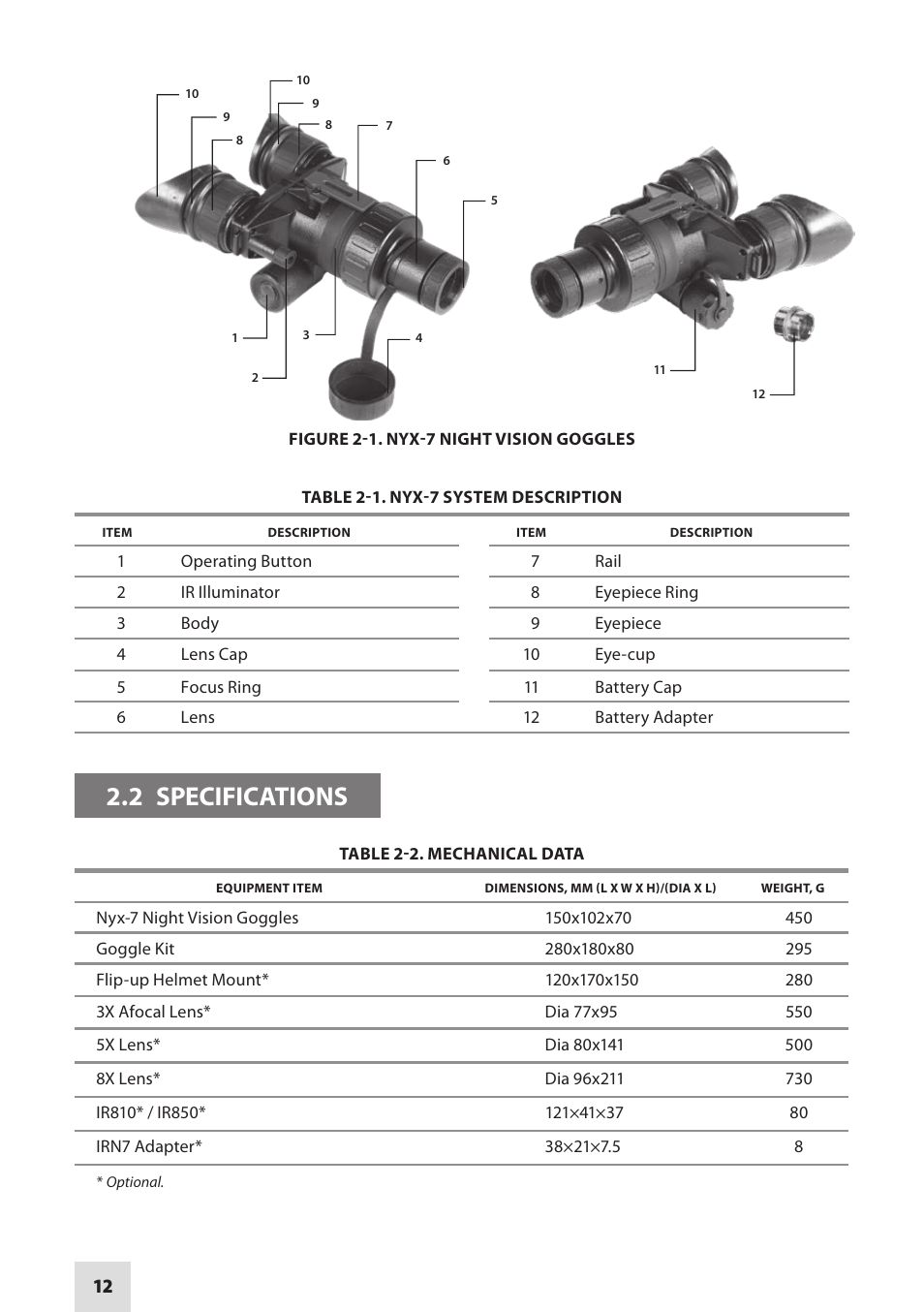 2 specifications | Armasight NSGNYX7001QGDI1 Nyx7 GEN 2+ QS Night Vision Goggles User Manual | Page 12 / 36