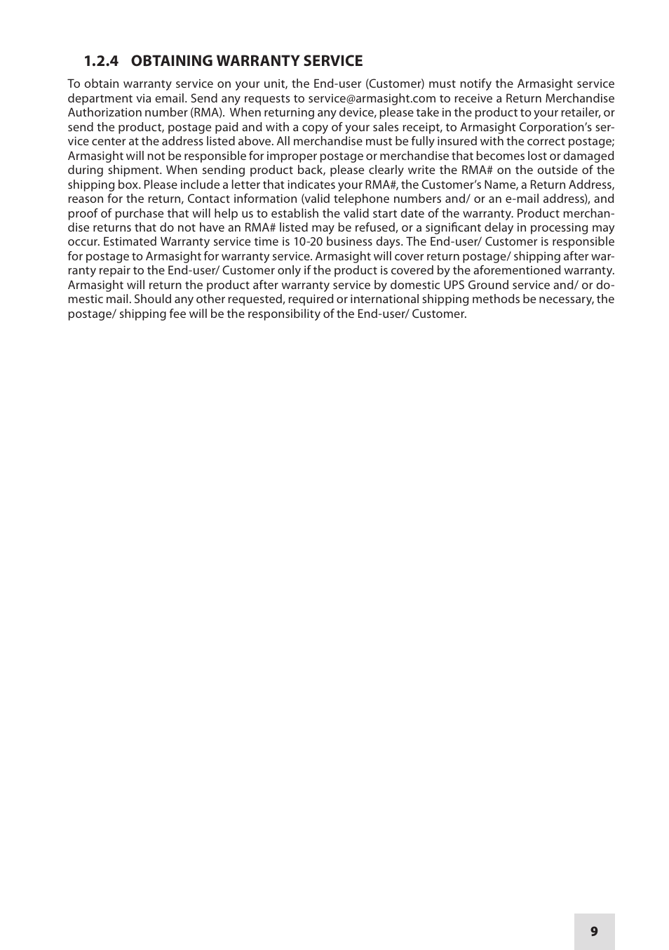 4 obtaining warranty service | Armasight NSGNYX7001QGDI1 Nyx7 GEN 2+ QS Night Vision Goggles User Manual | Page 9 / 36