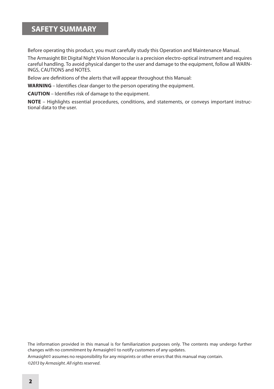 Safety summary | Armasight DAMBIT05X05PAL1 BIT 5x Digital Night Vision Monocular User Manual | Page 2 / 36