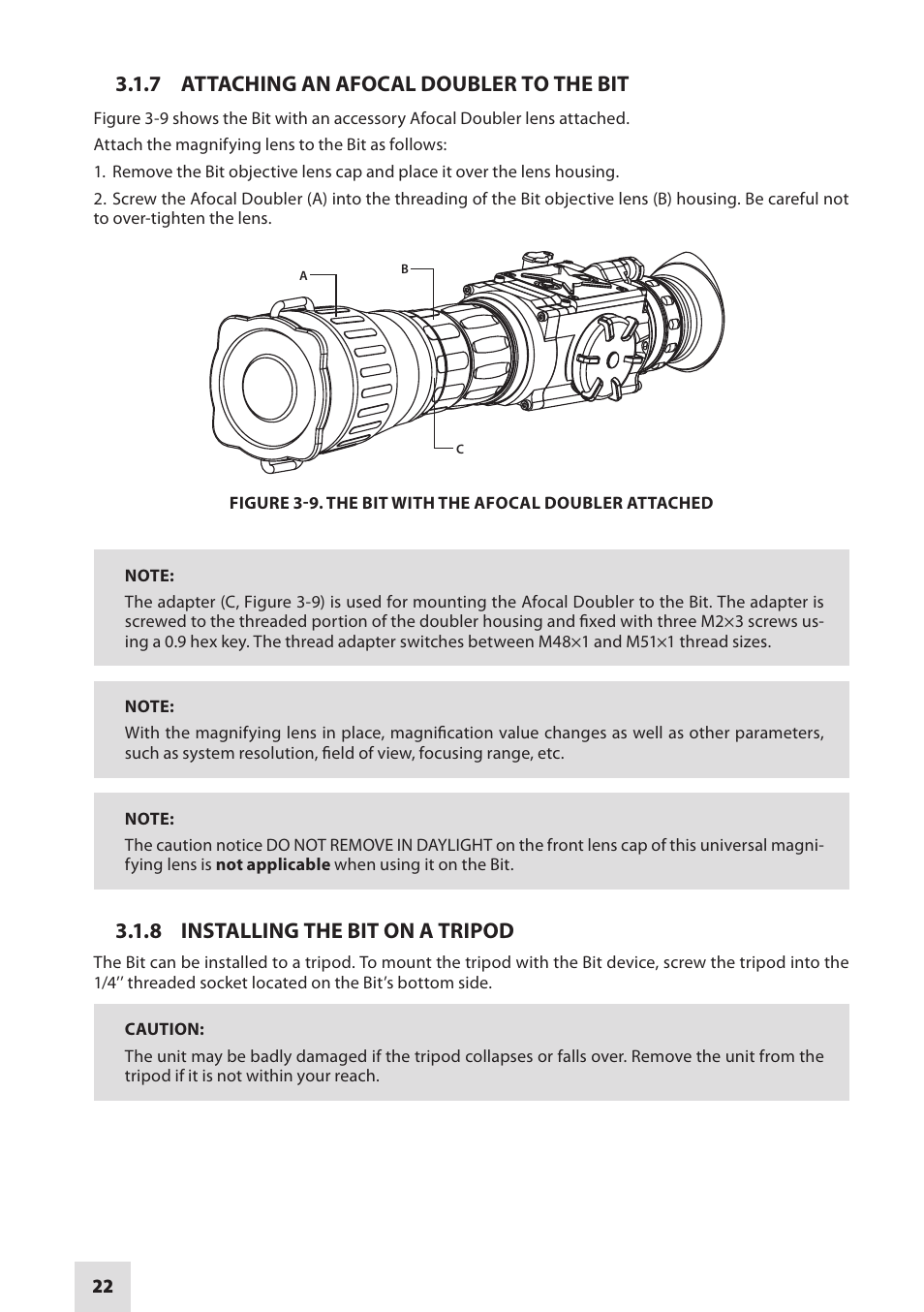 7 attaching an afocal doubler to the bit, 8 installing the bit on a tripod | Armasight DAMBIT05X05PAL1 BIT 5x Digital Night Vision Monocular User Manual | Page 22 / 36