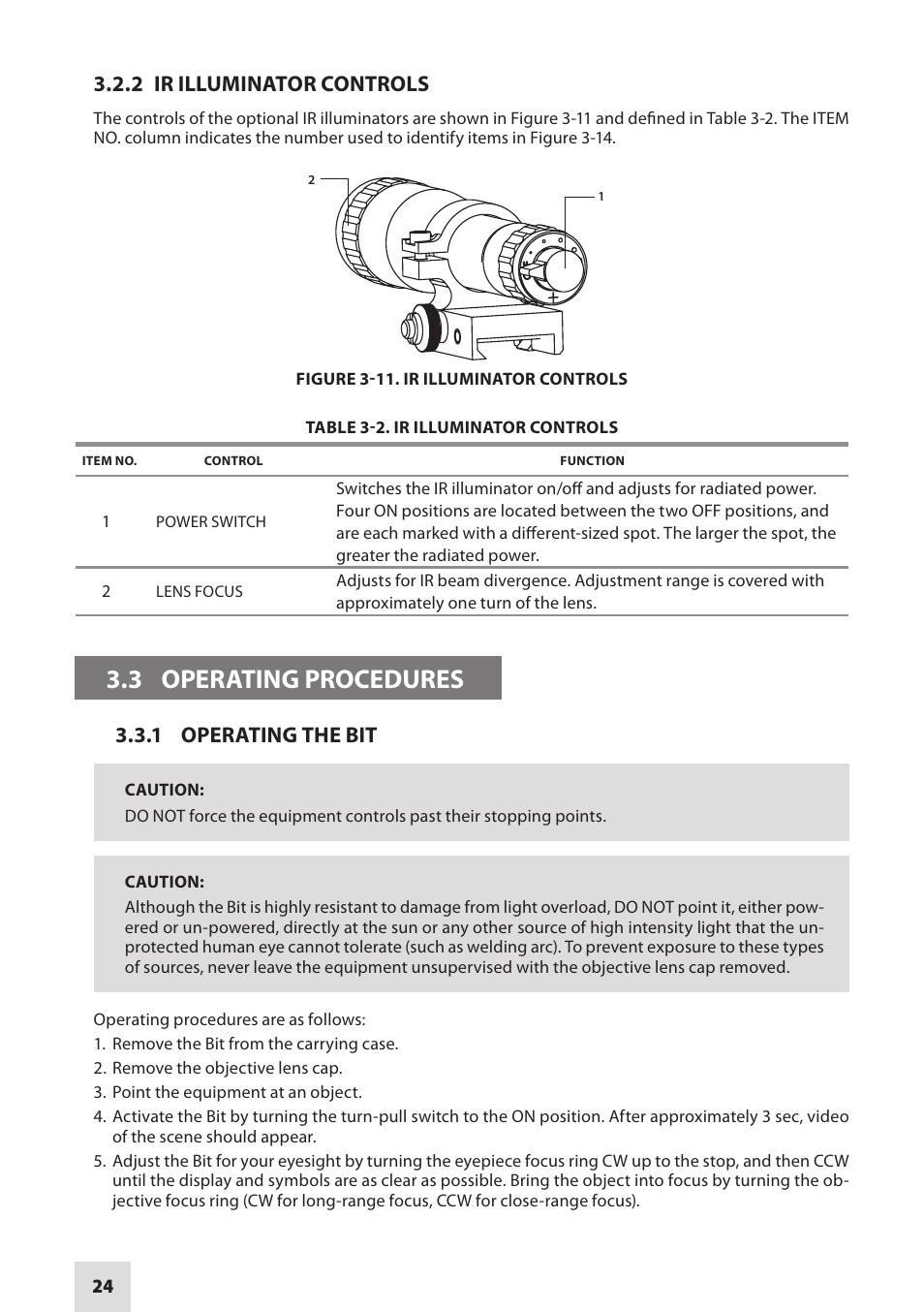 3 operating procedures, 2 ir illuminator controls, 1 operating the bit | Armasight DAMBIT05X05PAL1 BIT 5x Digital Night Vision Monocular User Manual | Page 24 / 36