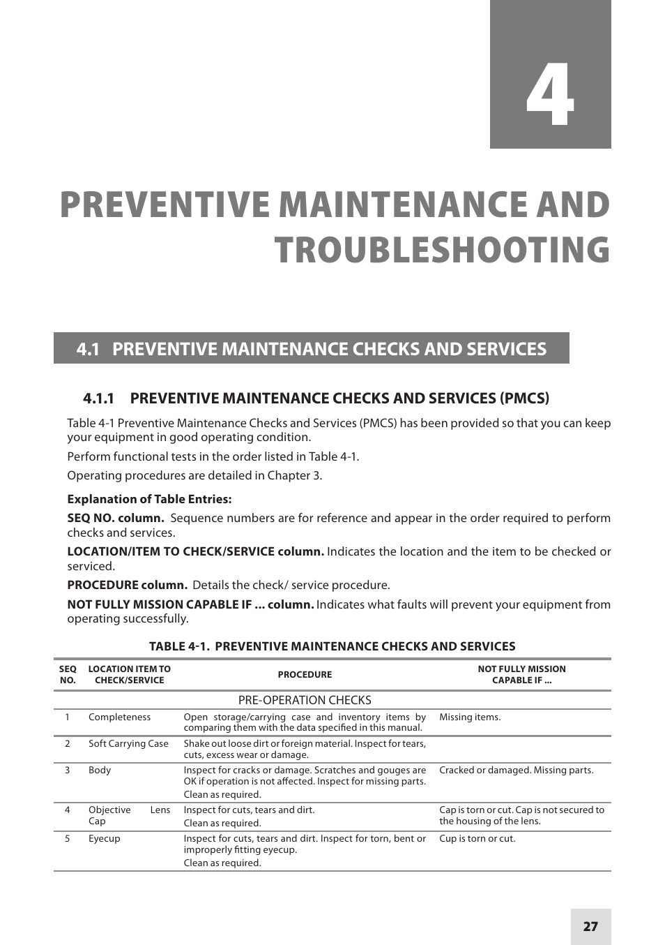 Preventive maintenance and troubleshooting, 1 preventive maintenance checks and services | Armasight DAMBIT05X05PAL1 BIT 5x Digital Night Vision Monocular User Manual | Page 27 / 36