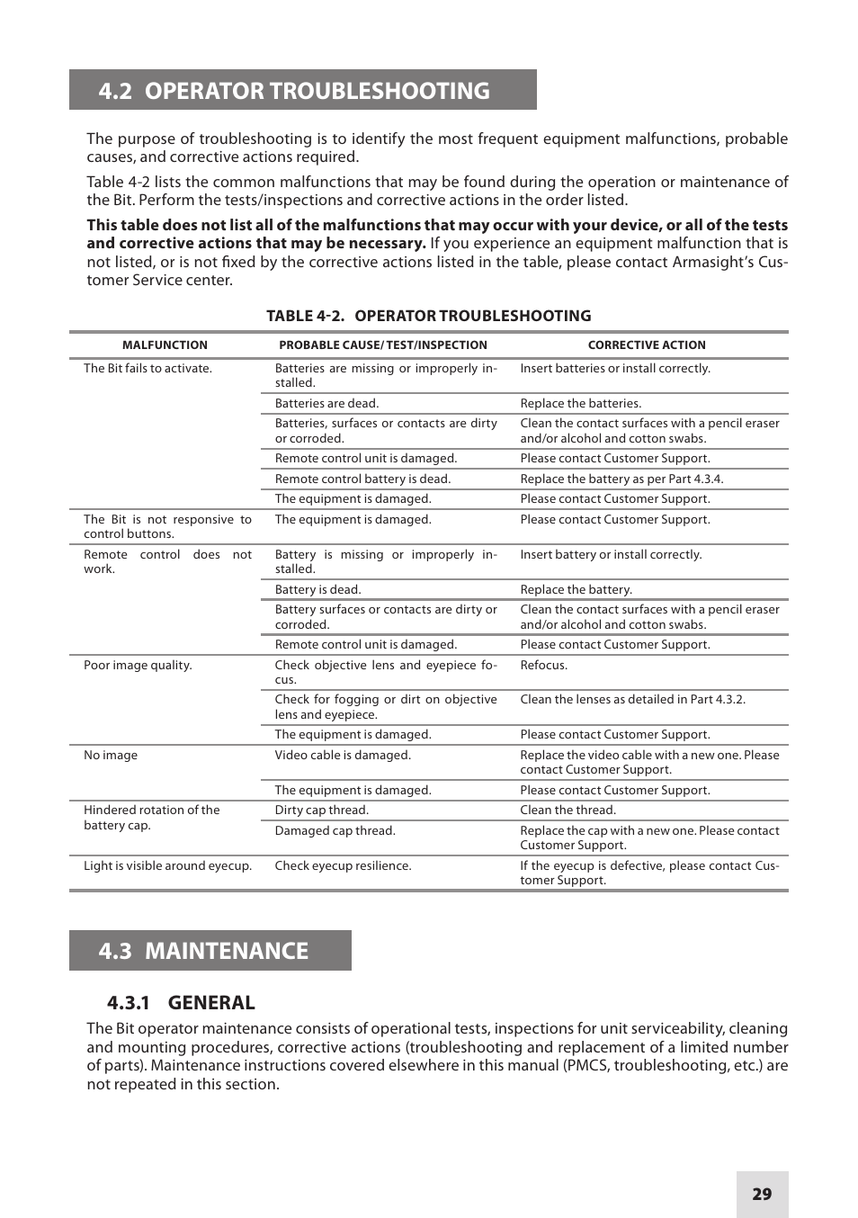 2 operator troubleshooting, 3 maintenance, 1 general | Armasight DAMBIT05X05PAL1 BIT 5x Digital Night Vision Monocular User Manual | Page 29 / 36