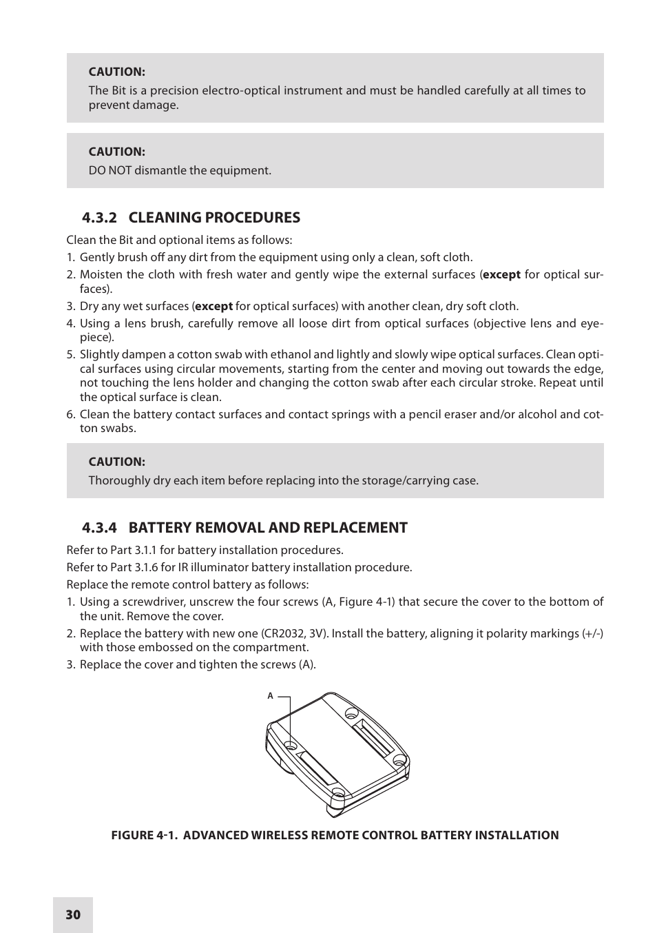 2 cleaning procedures, 4 battery removal and replacement | Armasight DAMBIT05X05PAL1 BIT 5x Digital Night Vision Monocular User Manual | Page 30 / 36