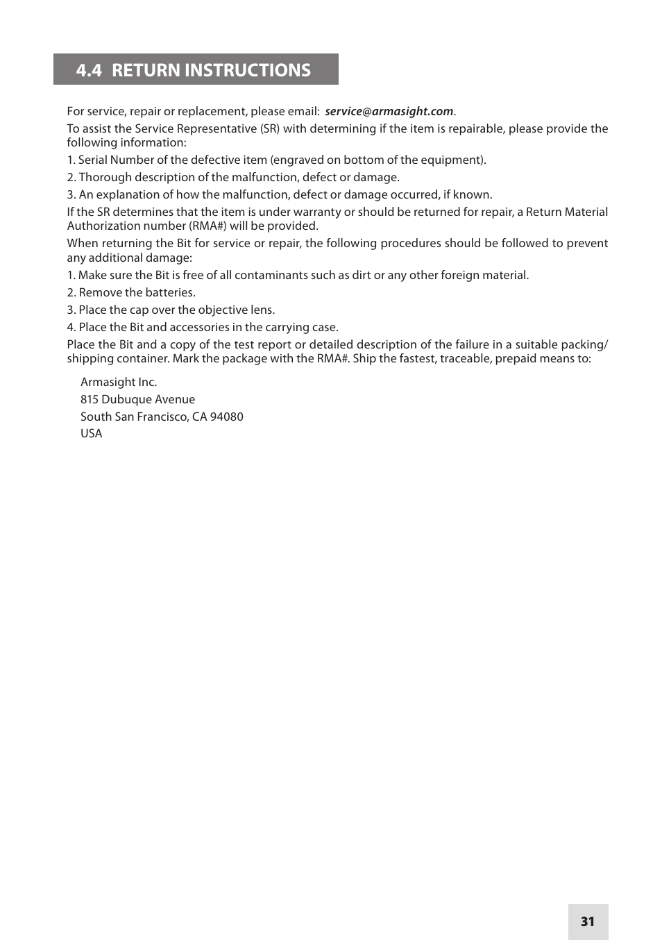 4 return instructions | Armasight DAMBIT05X05PAL1 BIT 5x Digital Night Vision Monocular User Manual | Page 31 / 36