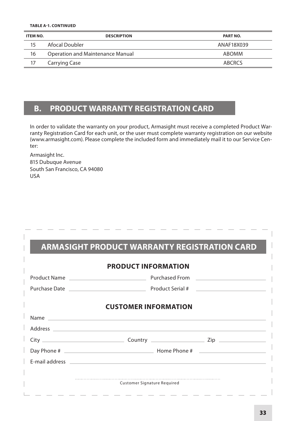B. product warranty registration card, Armasight product warranty registration card, Product information customer information | Armasight DAMBIT05X05PAL1 BIT 5x Digital Night Vision Monocular User Manual | Page 33 / 36