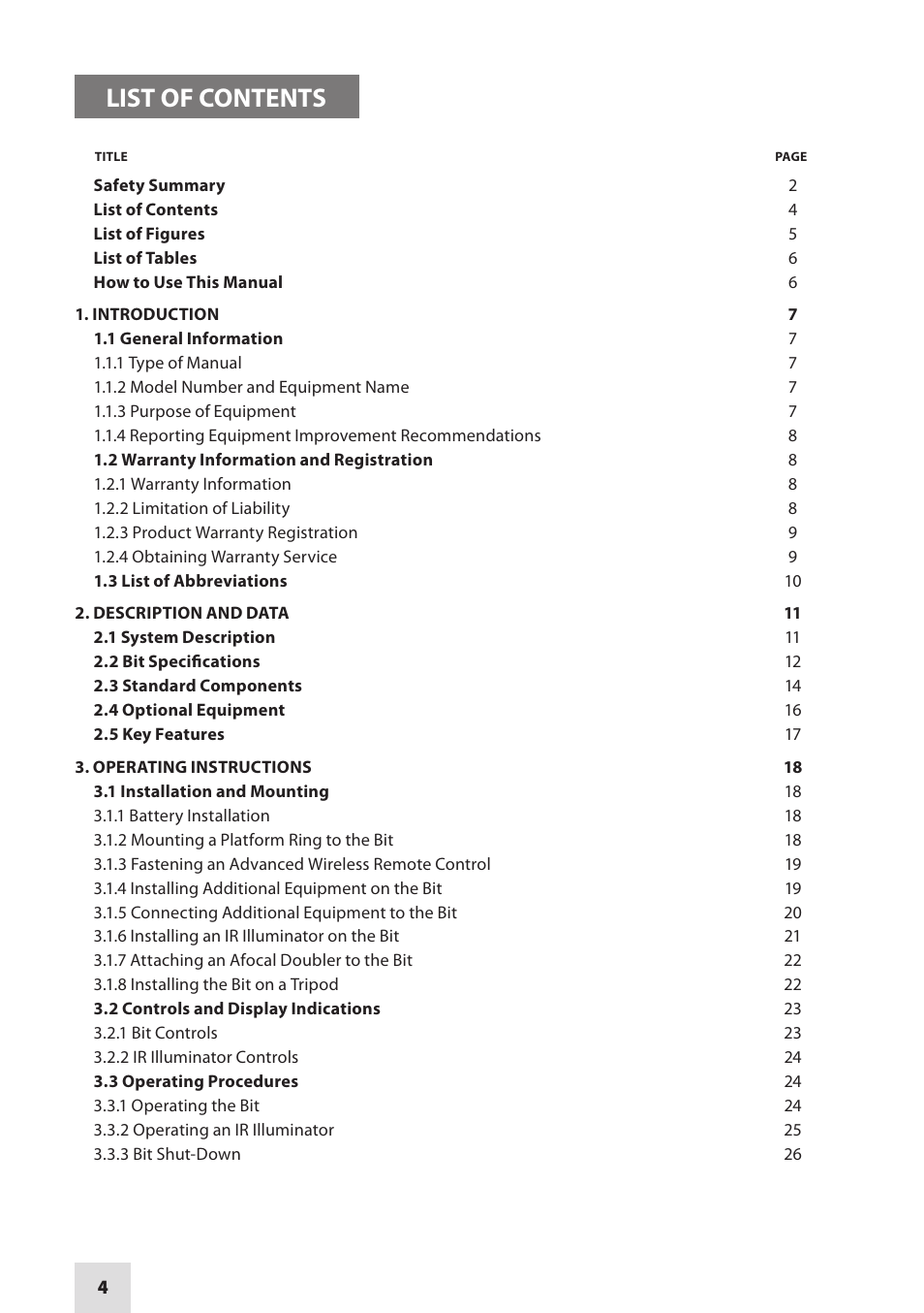 List of contents | Armasight DAMBIT05X05PAL1 BIT 5x Digital Night Vision Monocular User Manual | Page 4 / 36