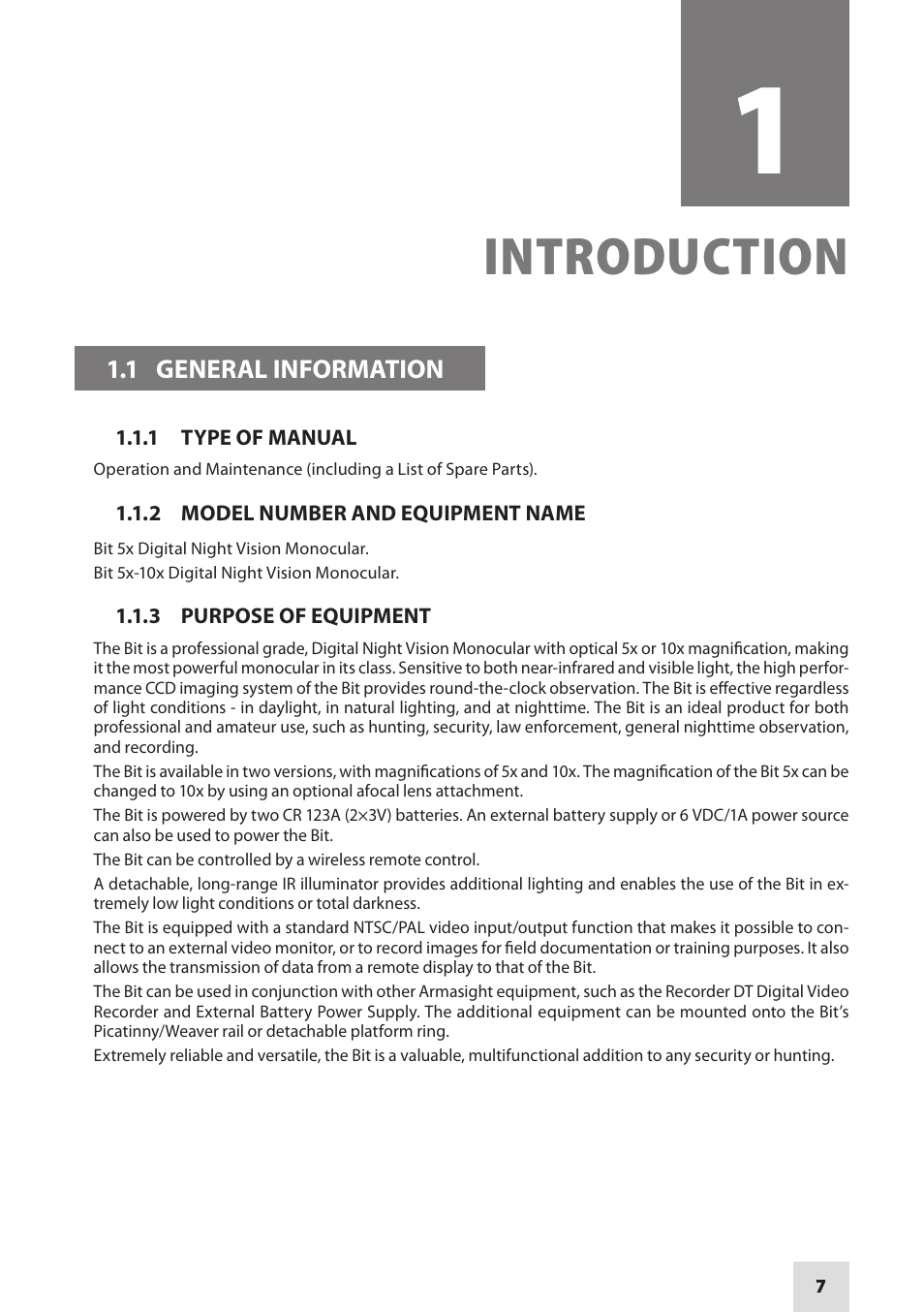 Introduction | Armasight DAMBIT05X05PAL1 BIT 5x Digital Night Vision Monocular User Manual | Page 7 / 36