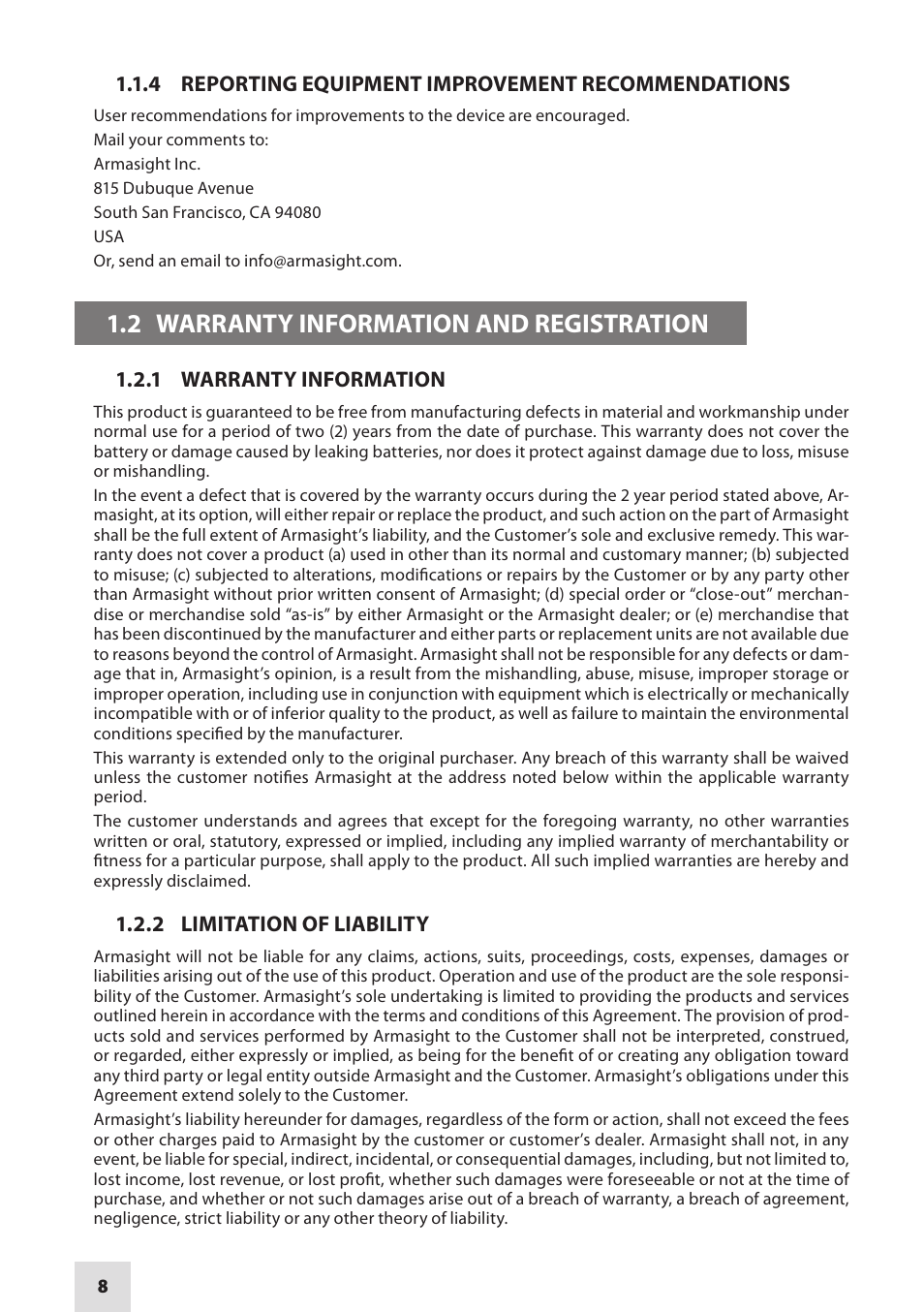 2 warranty information and registration | Armasight DAMBIT05X05PAL1 BIT 5x Digital Night Vision Monocular User Manual | Page 8 / 36