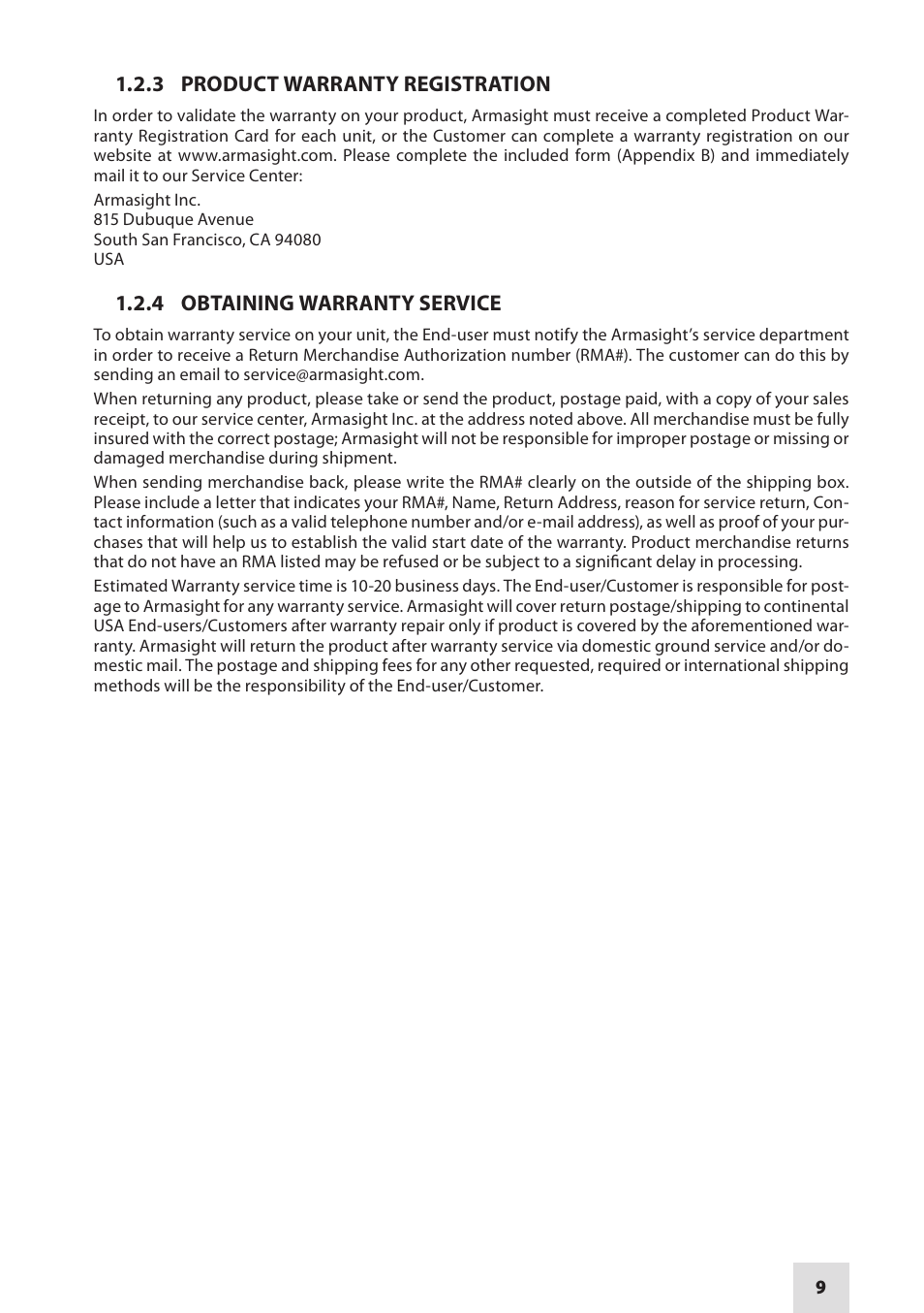 3 product warranty registration, 4 obtaining warranty service | Armasight DAMBIT05X05PAL1 BIT 5x Digital Night Vision Monocular User Manual | Page 9 / 36