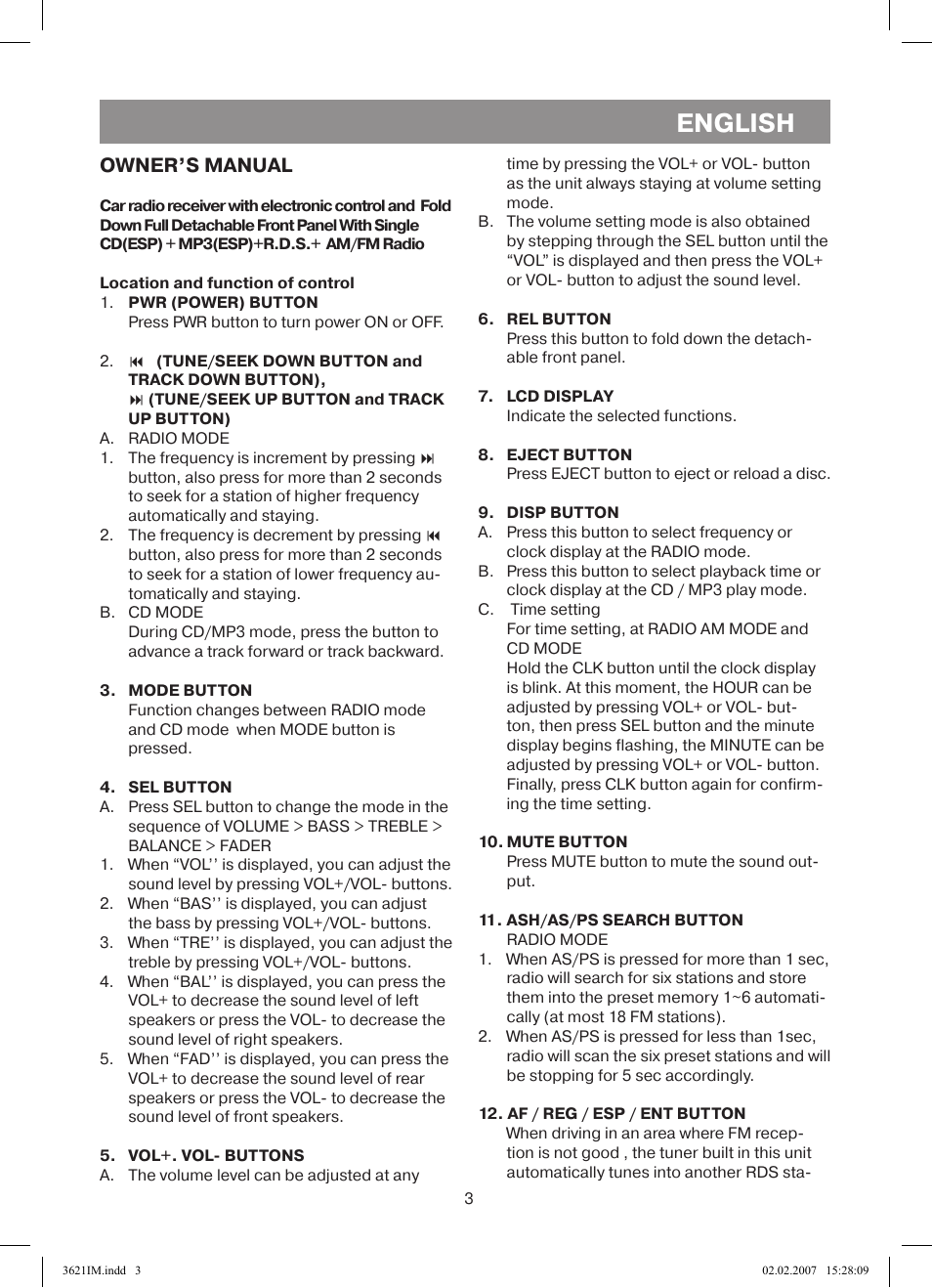 English, Owner’s manual | Vitek VT-3621 User Manual | Page 3 / 32