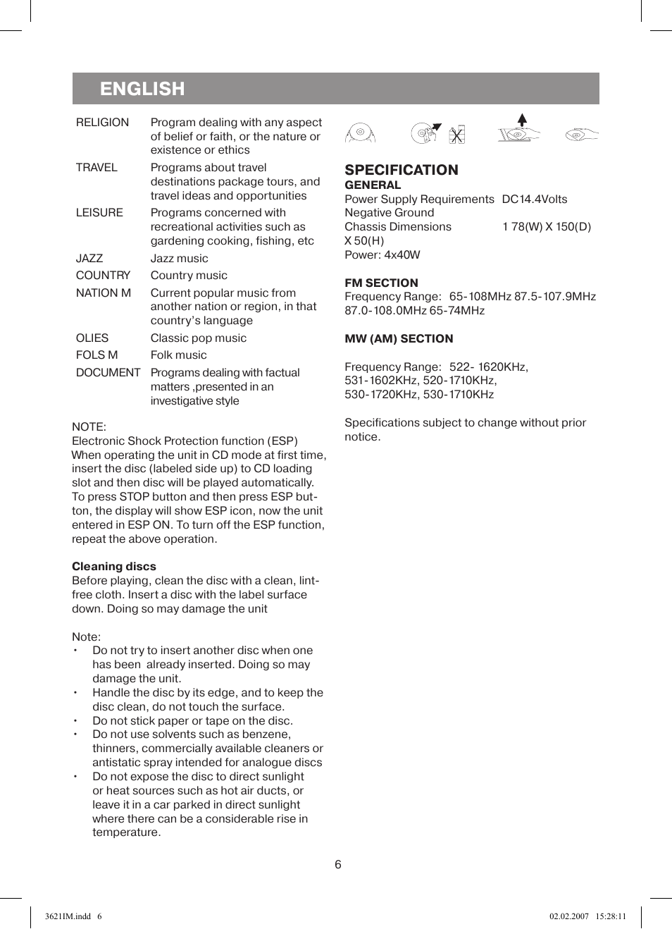 English, Specification | Vitek VT-3621 User Manual | Page 6 / 32