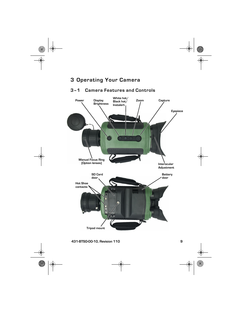 3 operating your camera, 3–1 camera features and controls, Operating your camera | Camera features and controls | Armasight TFT268BN0BTSXRP FLIR BTS-XR Pro 640x480 Thermal Bi-ocular, no lens 8.3Hz, NTSC User Manual | Page 15 / 40