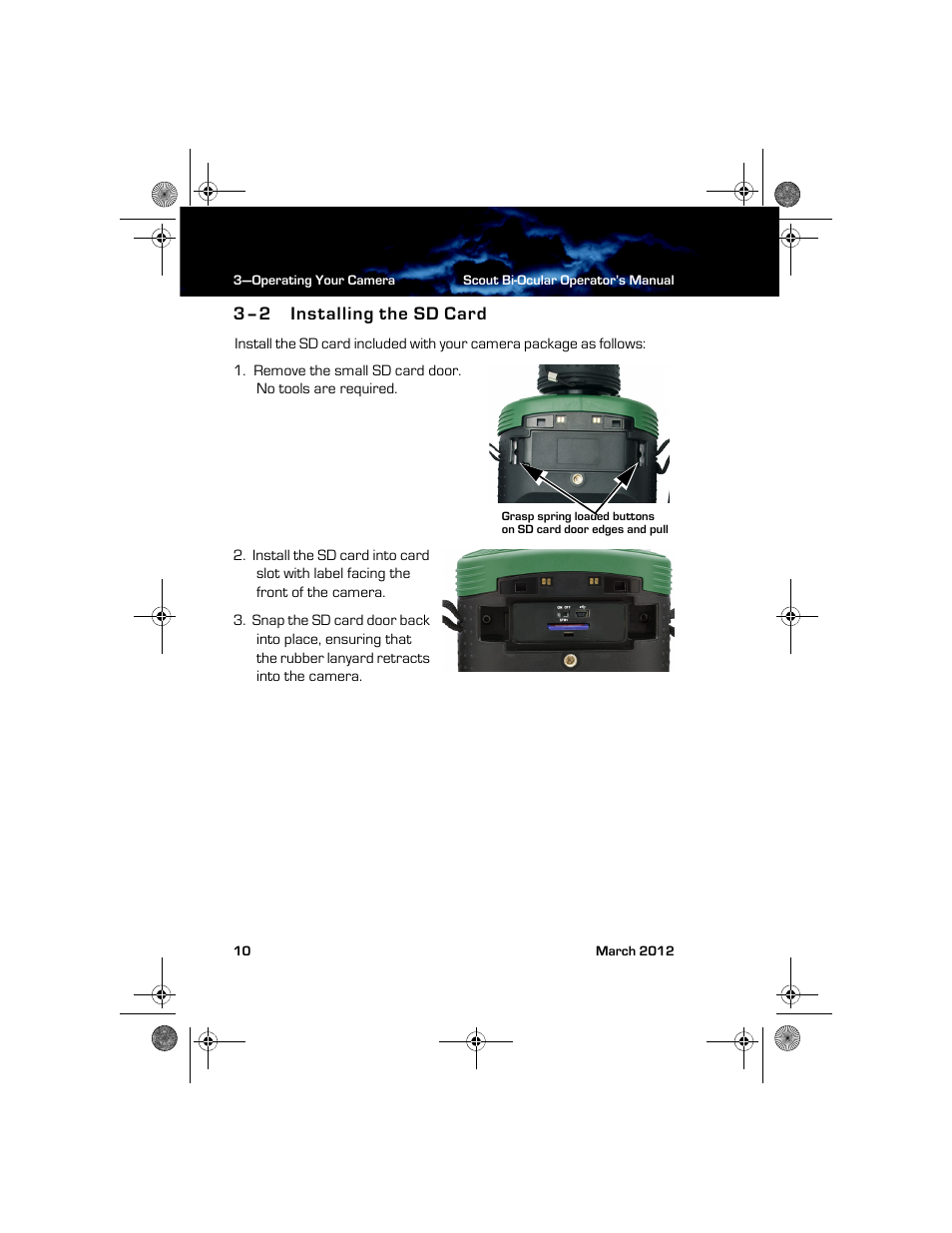 3–2 installing the sd card, Installing the sd card | Armasight TFT268BN0BTSXRP FLIR BTS-XR Pro 640x480 Thermal Bi-ocular, no lens 8.3Hz, NTSC User Manual | Page 16 / 40